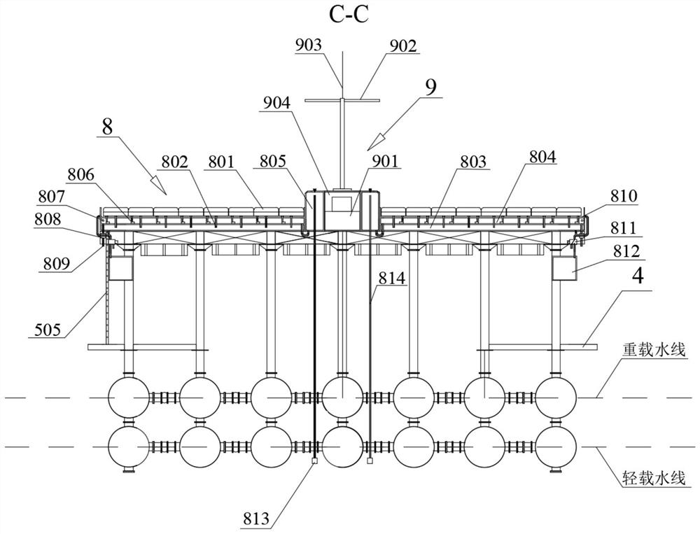 Modular offshore floating type self-adaptive solar seawater desalination storage platform