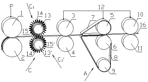 Device for improving strength of ring spinning single thread by adopting porcupine roller mode