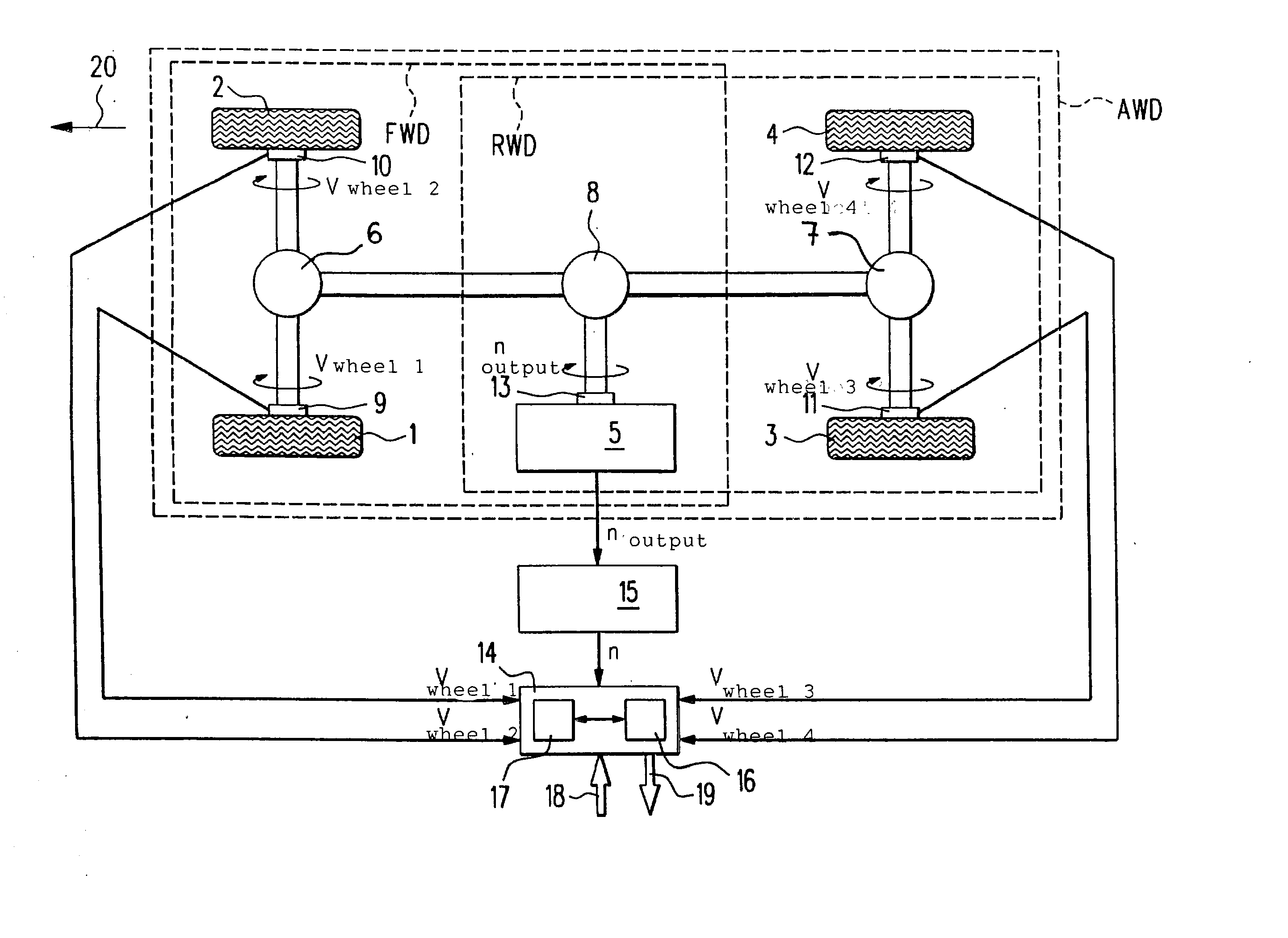 Method and device for determining a speed parameter of at least one powered wheel pertaining to a vehicle