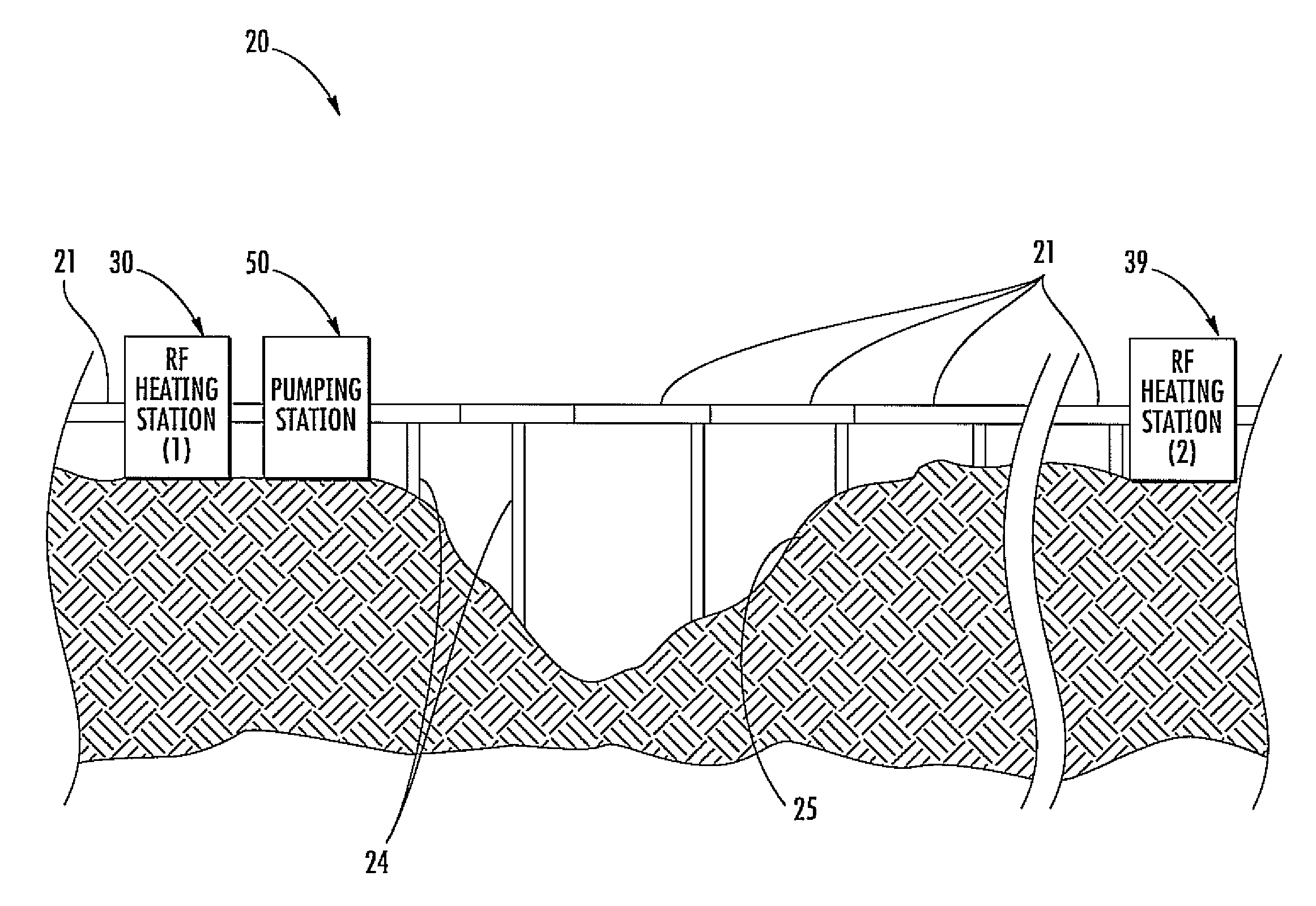 Hydrocarbon fluid pipeline including RF heating station and related methods