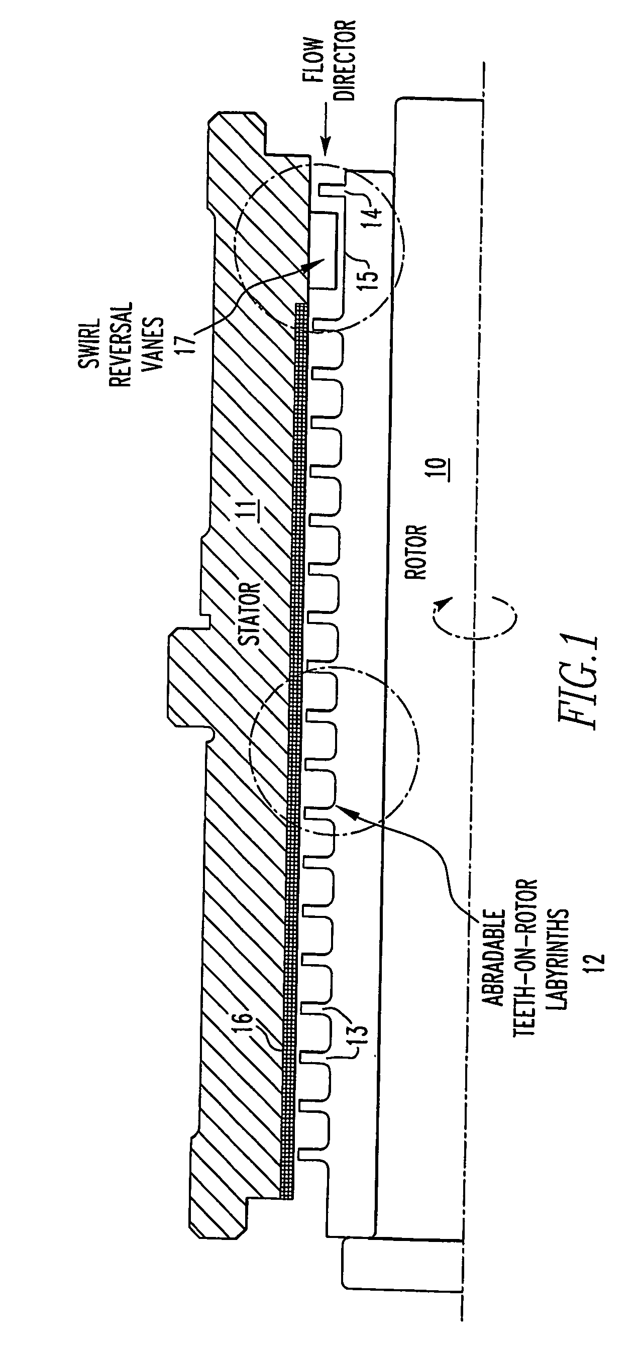 Swirl-reversal abradable labyrinth seal