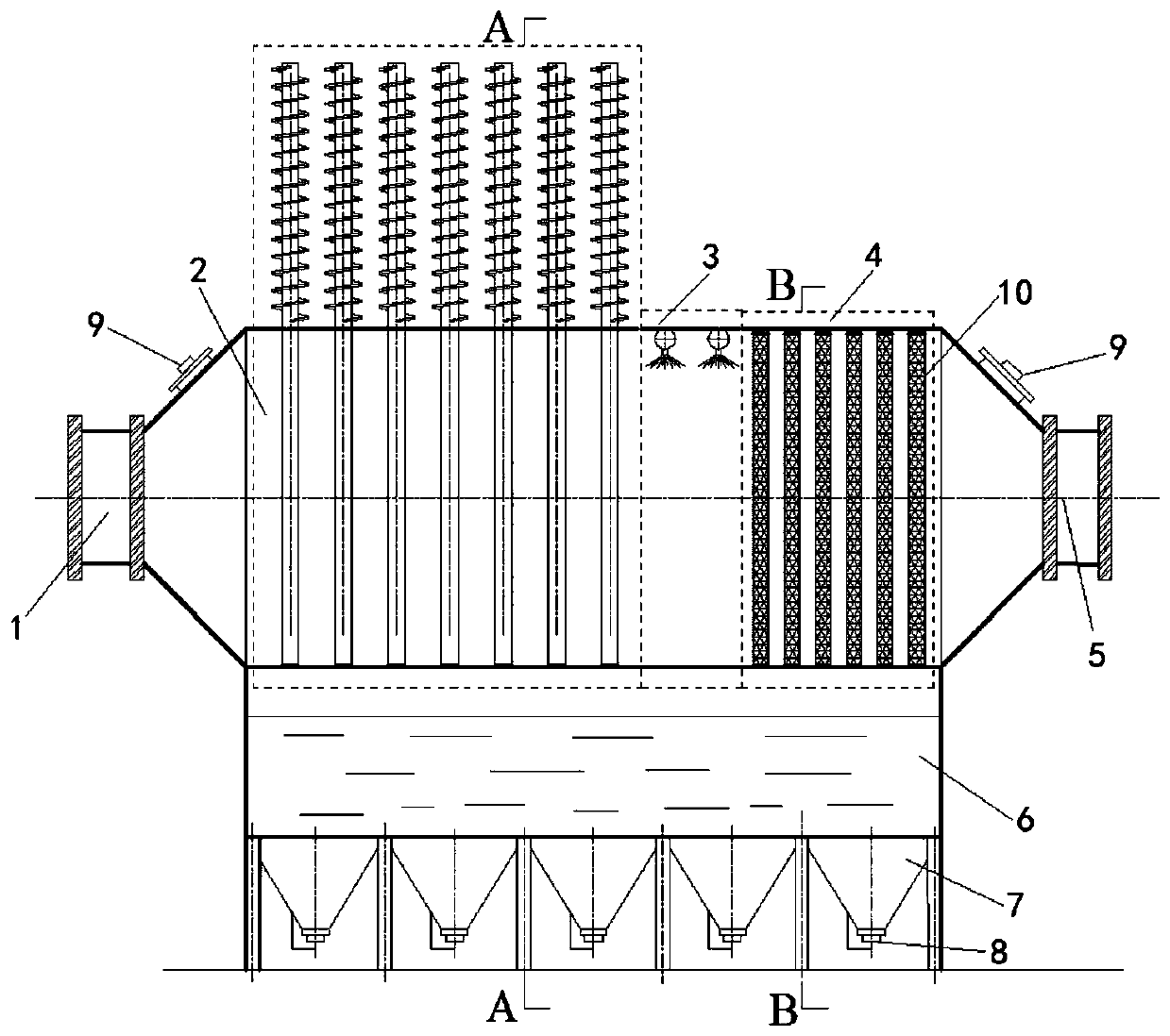 Phase change-based flue gas end dehydration fine dust removal device