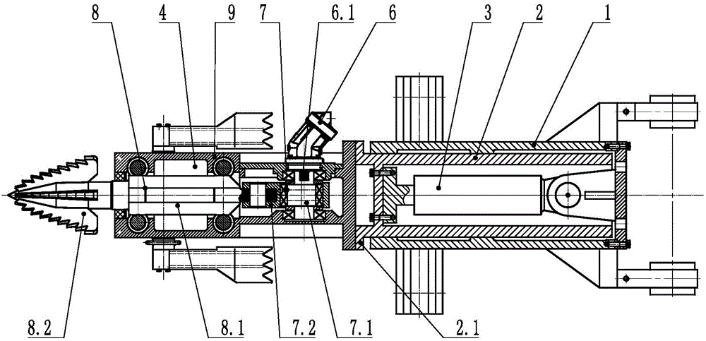 Reciprocating-impact heading machine with built-in rocker-arm telescopic cylinder