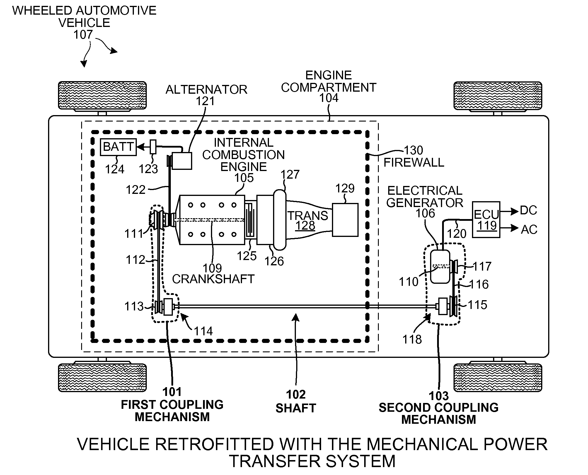 Retrofitting a vehicle to transfer mechanical power out of an engine compartment