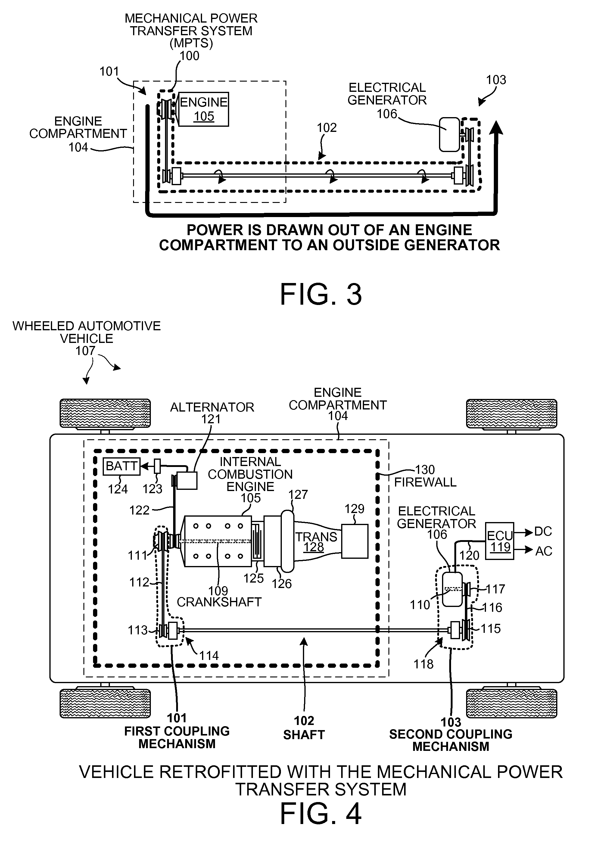 Retrofitting a vehicle to transfer mechanical power out of an engine compartment