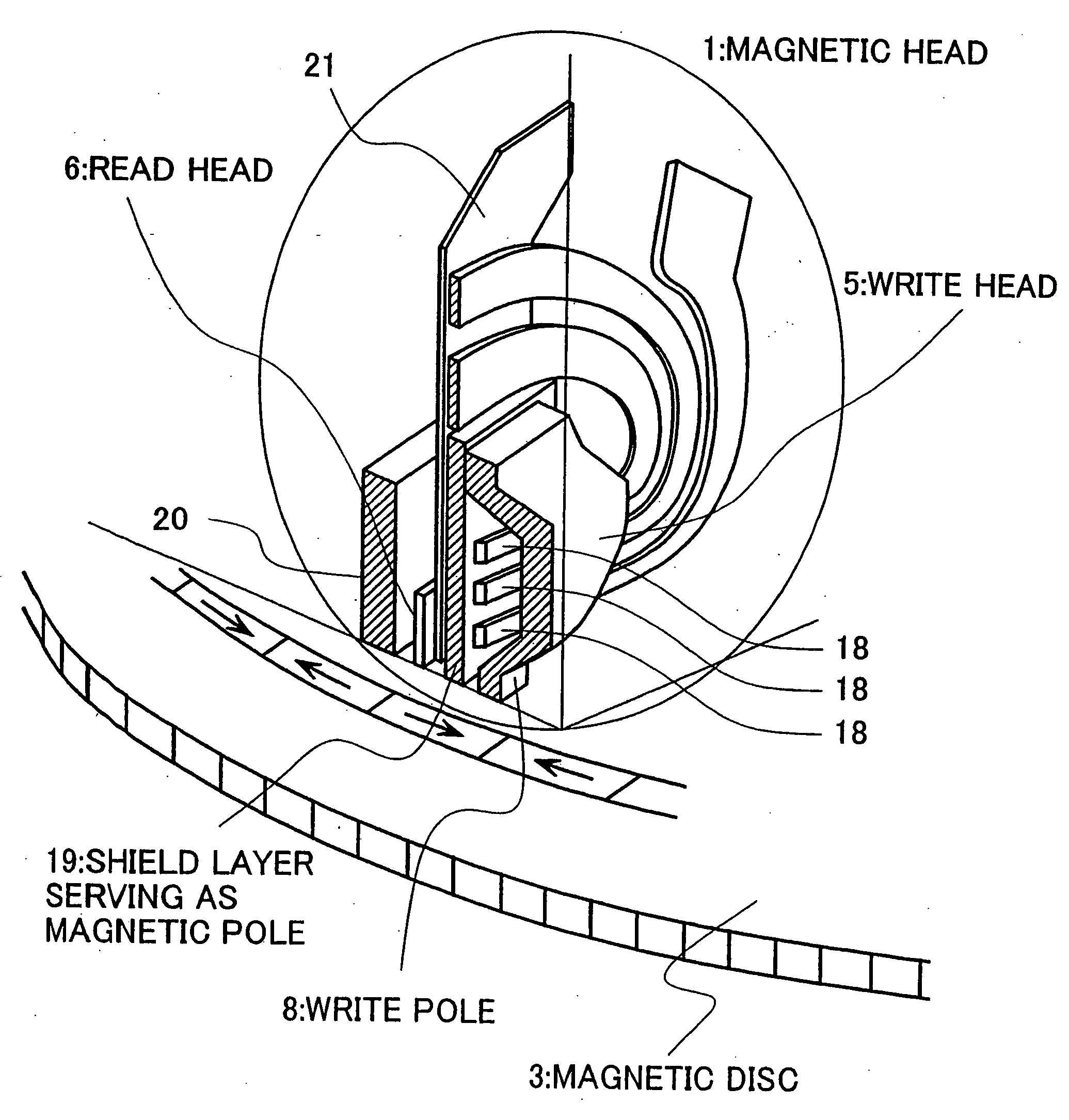 Magnetic head with high reliability of the data protection, magnetic disk apparatus including the magnetic head and the method of recording information on the magnetic disk apparatus without miserasing the previously recorded data