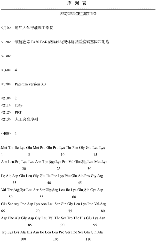 Cytochrome P450BM-3 (V445A) variant enzyme as well as coding genes and application thereof