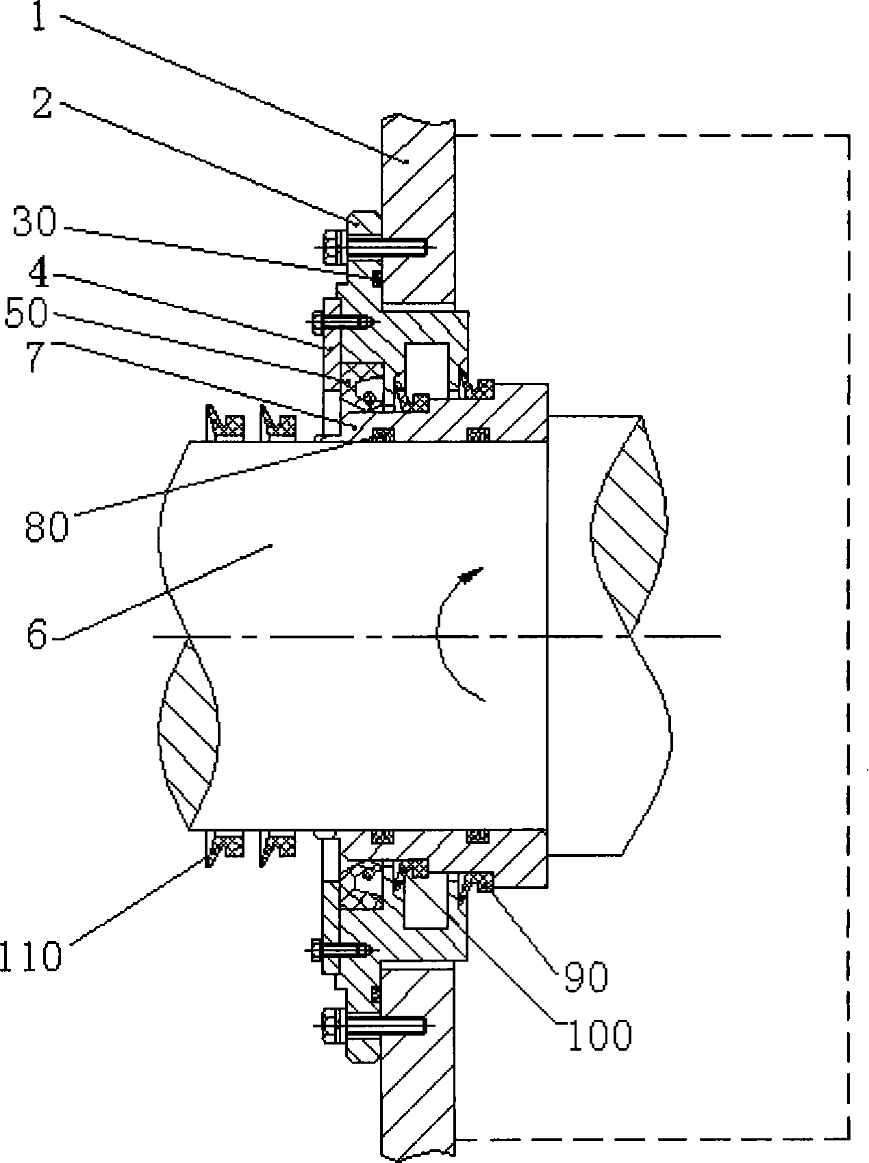 Compound sealing structure with backup function for rotary main shaft of industrial washing machine