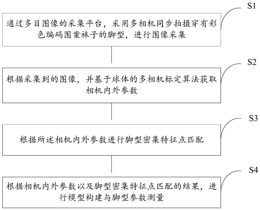 Method, system and medium for three-dimensional measurement of foot shape based on multi-eye stereo vision based on color coding