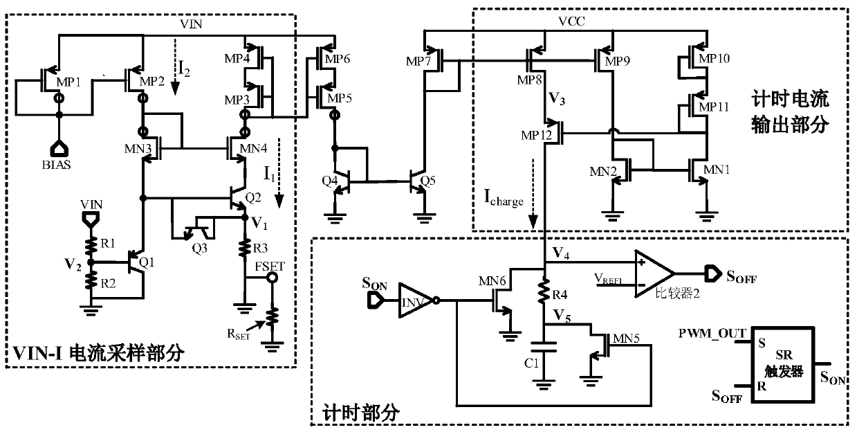 Upper power tube conduction time timing circuit with wide input voltage range