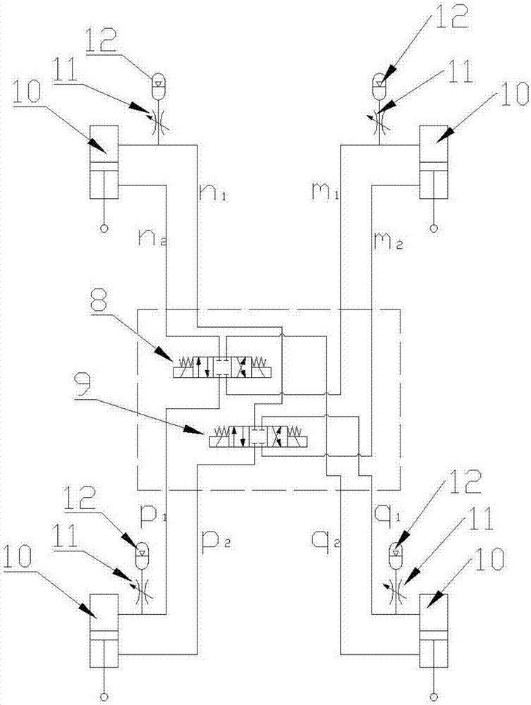 Hydraulic interconnection suspension pipeline connection mode switching device and control method