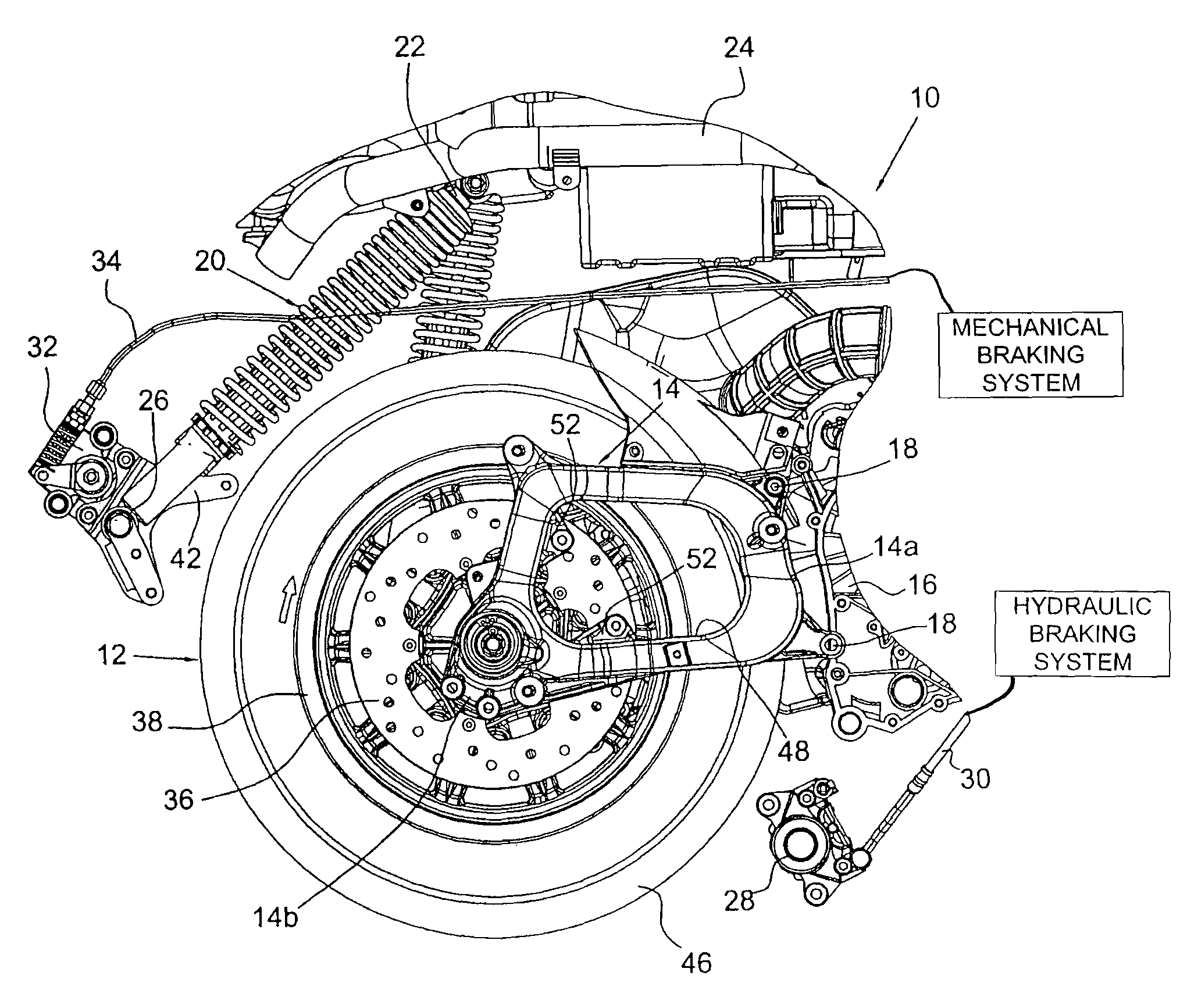 Motorcycle having a plurality of brake calipers acting on its rear wheel