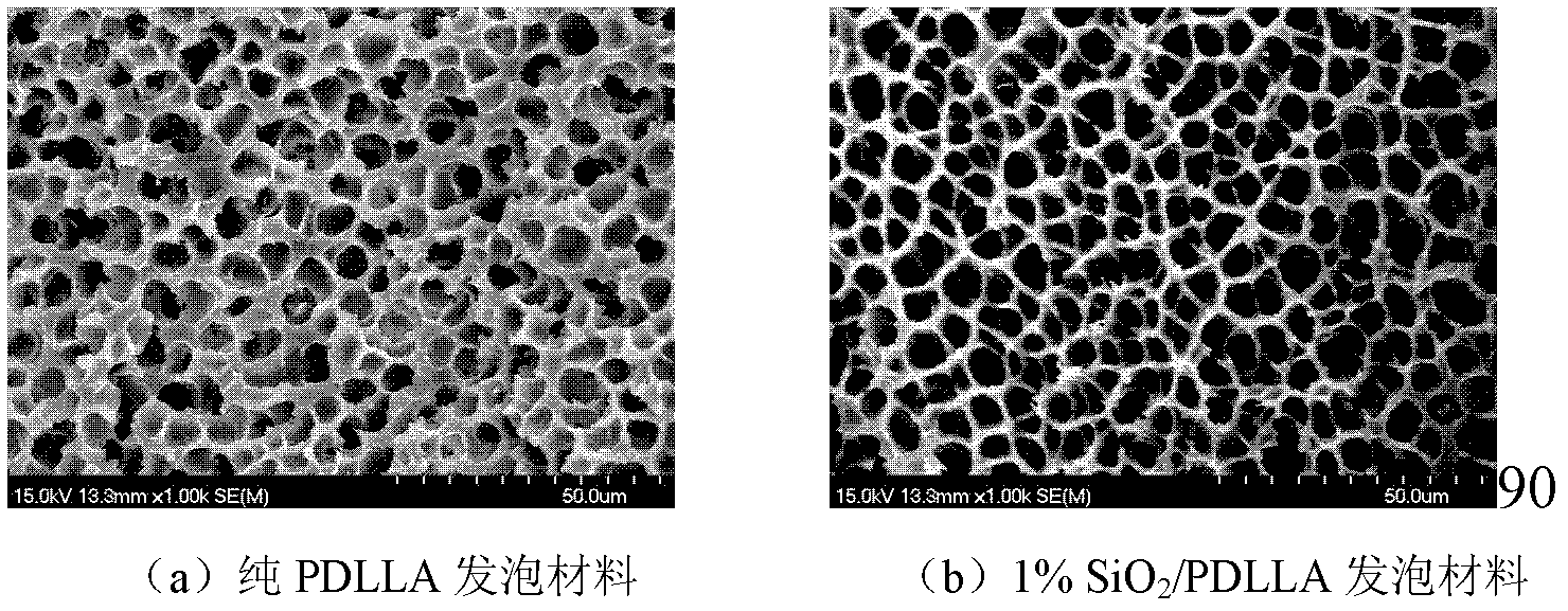 Method for preparing meso-porous silica/polylactic acid foamed material by supercritical CO2 foaming