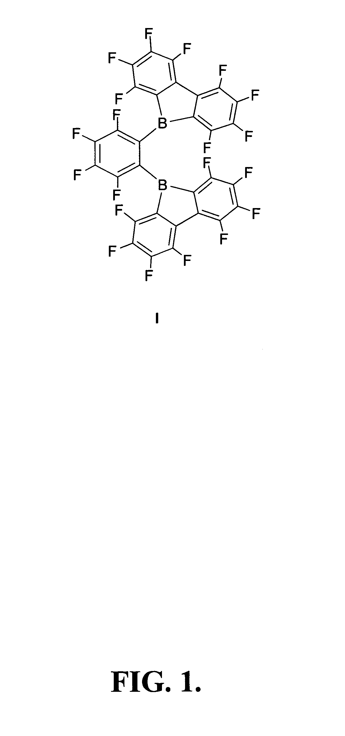 1,2-bis(9-bora-1,2,3,4,5,6,7,8-octafluorofluorenyl)-3,4,5,6-tetraflurobenzene and related compounds and methods