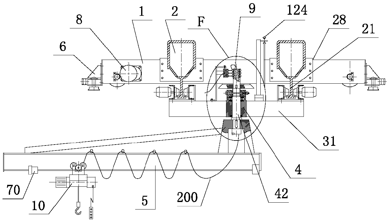 Anti-tilting bridge-type cantilever crane with hung end beam trolley and end beams