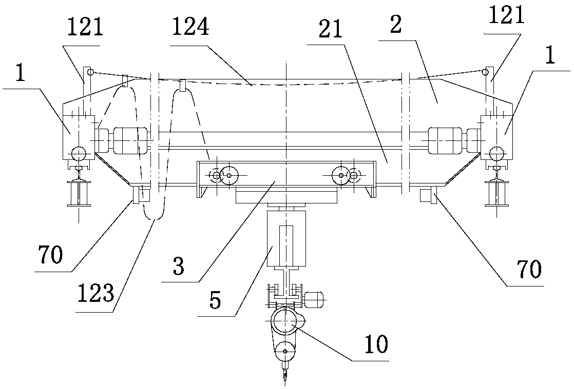 Anti-tilting bridge-type cantilever crane with hung end beam trolley and end beams