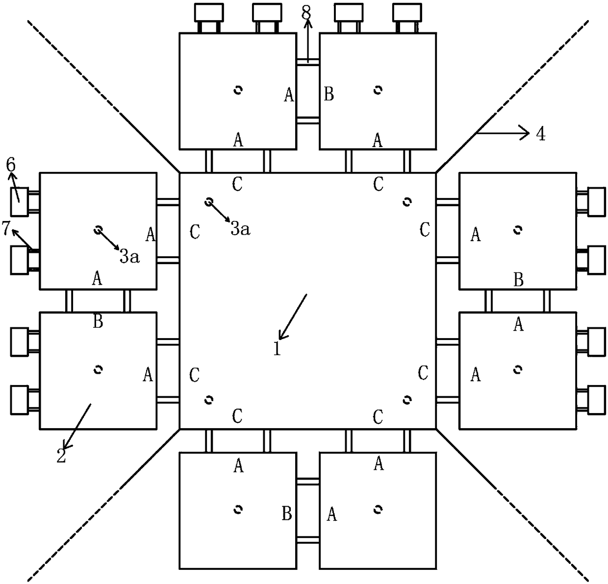 Superlarge floating platform based on modularizing and hybrid mooring