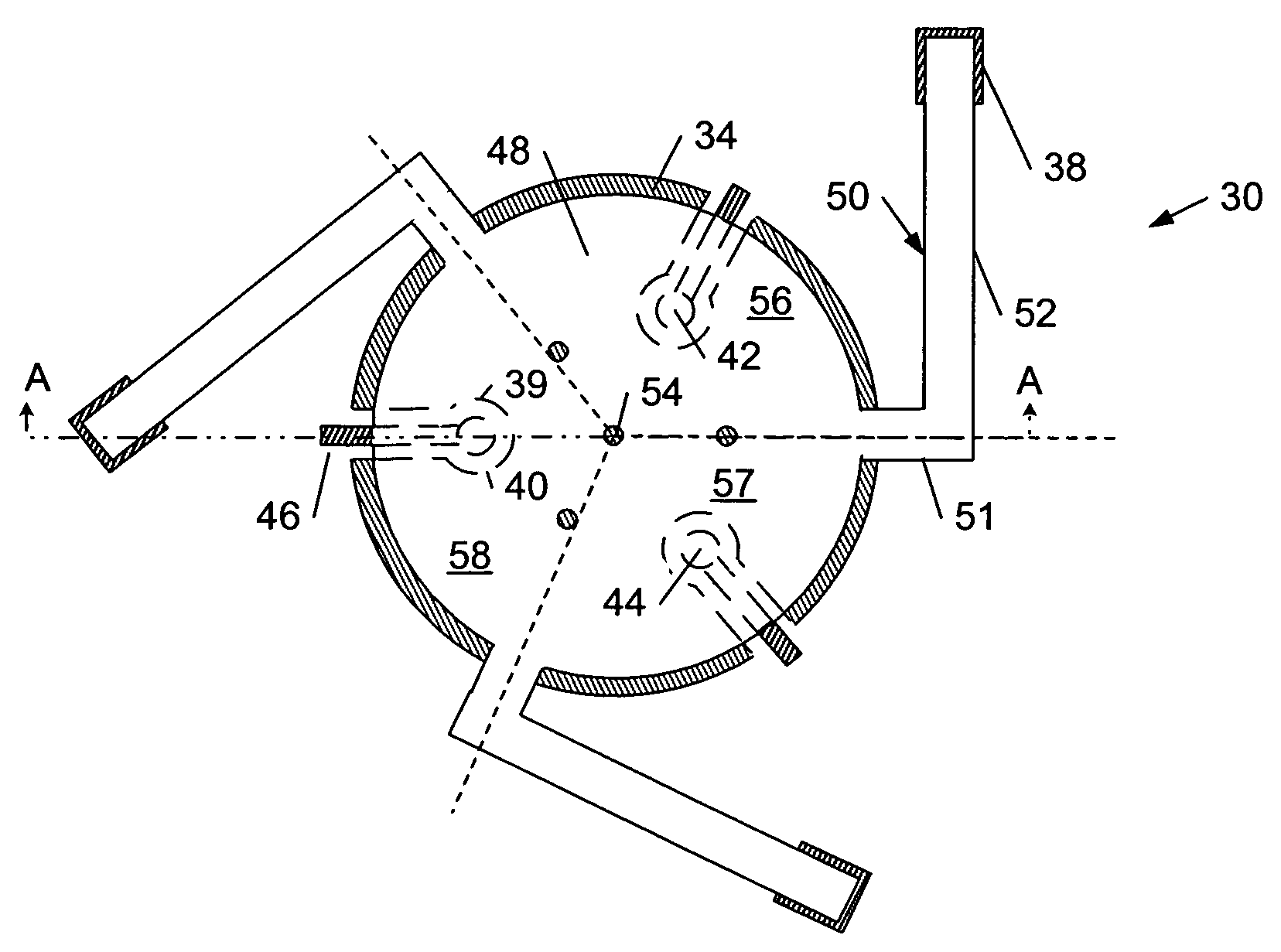 Plate-based microelectromechanical switch having a three-fold relative arrangement of contact structures and support arms