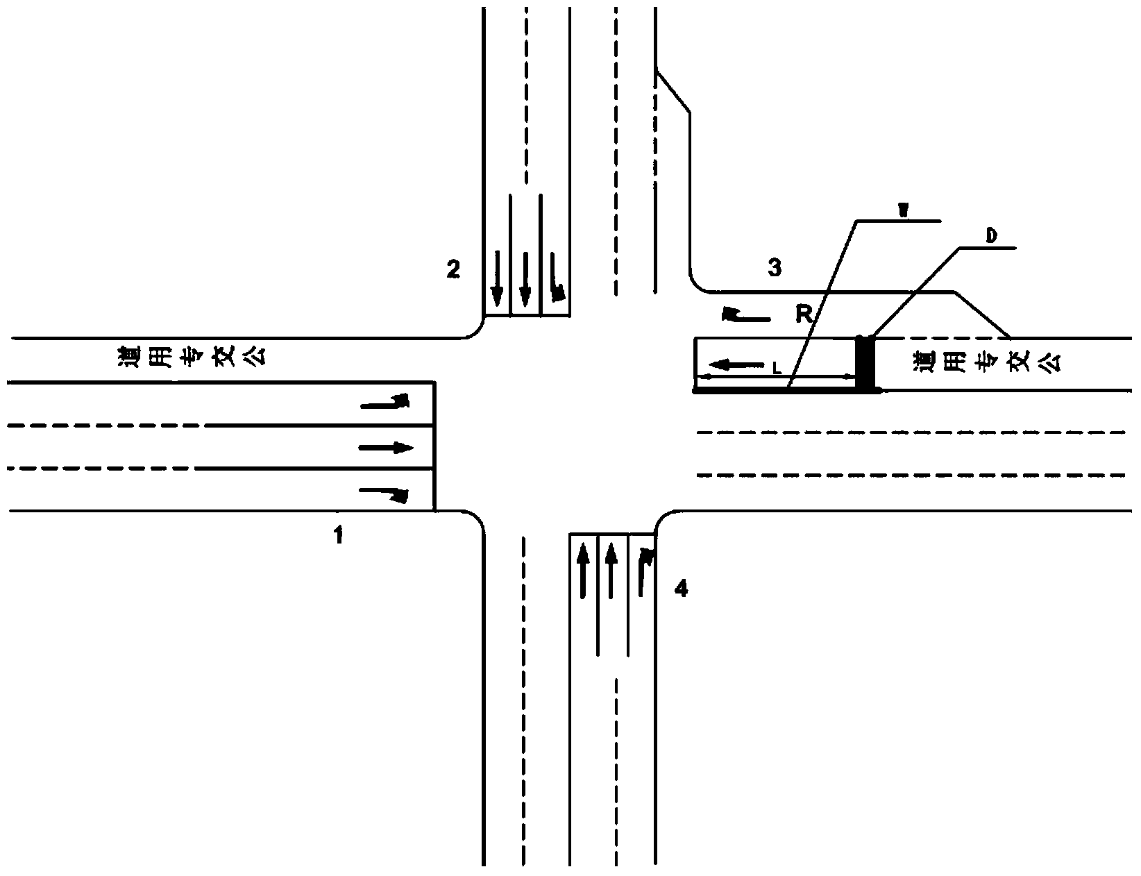 Method for optimizing crossing of two-way road and one-way road with reverse bus transportation lane