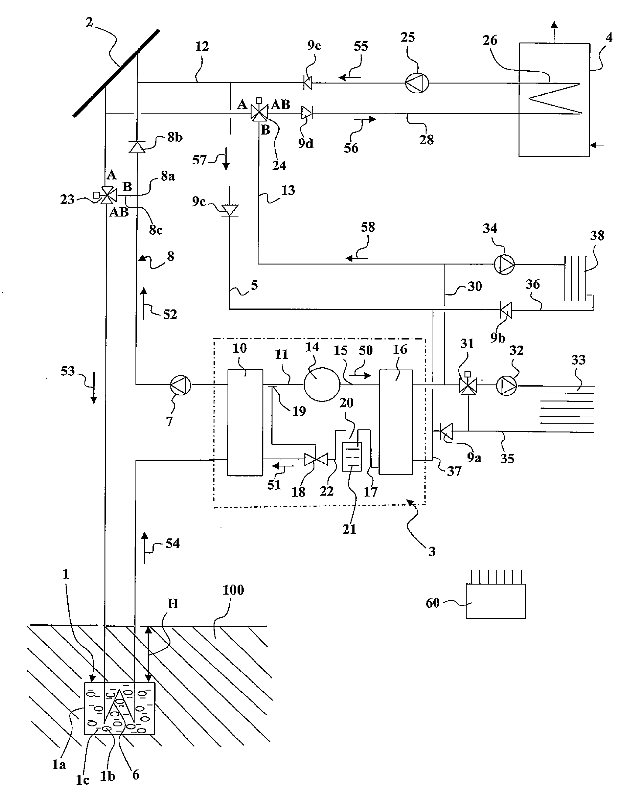 Device for heating, cooling and producing domestic hot water using a heat pump and low-temperature heat store