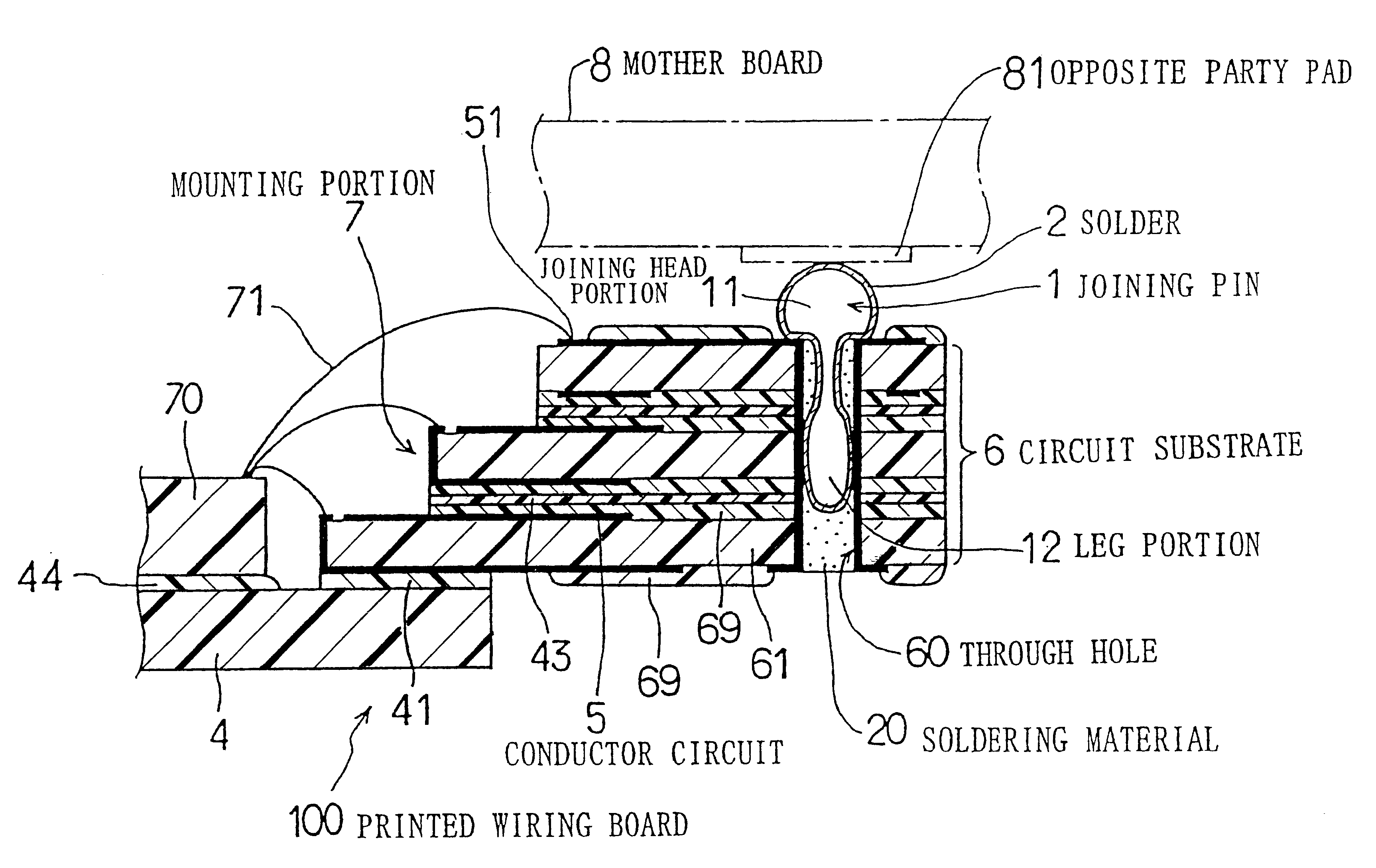 Printed wiring board with joining pin and manufacturing method therefor