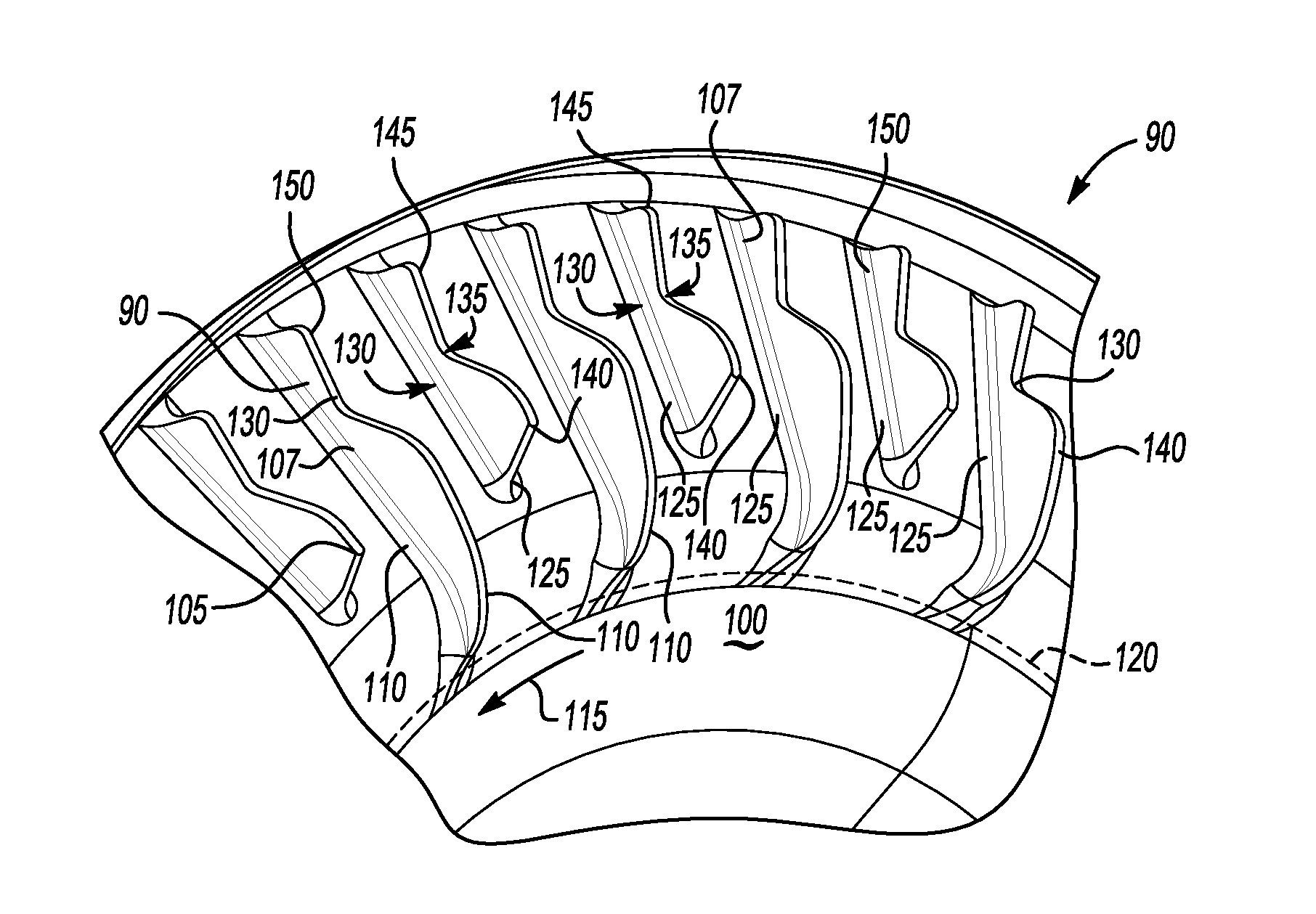 High solidity and low entrance angle impellers on turbine rotor disk