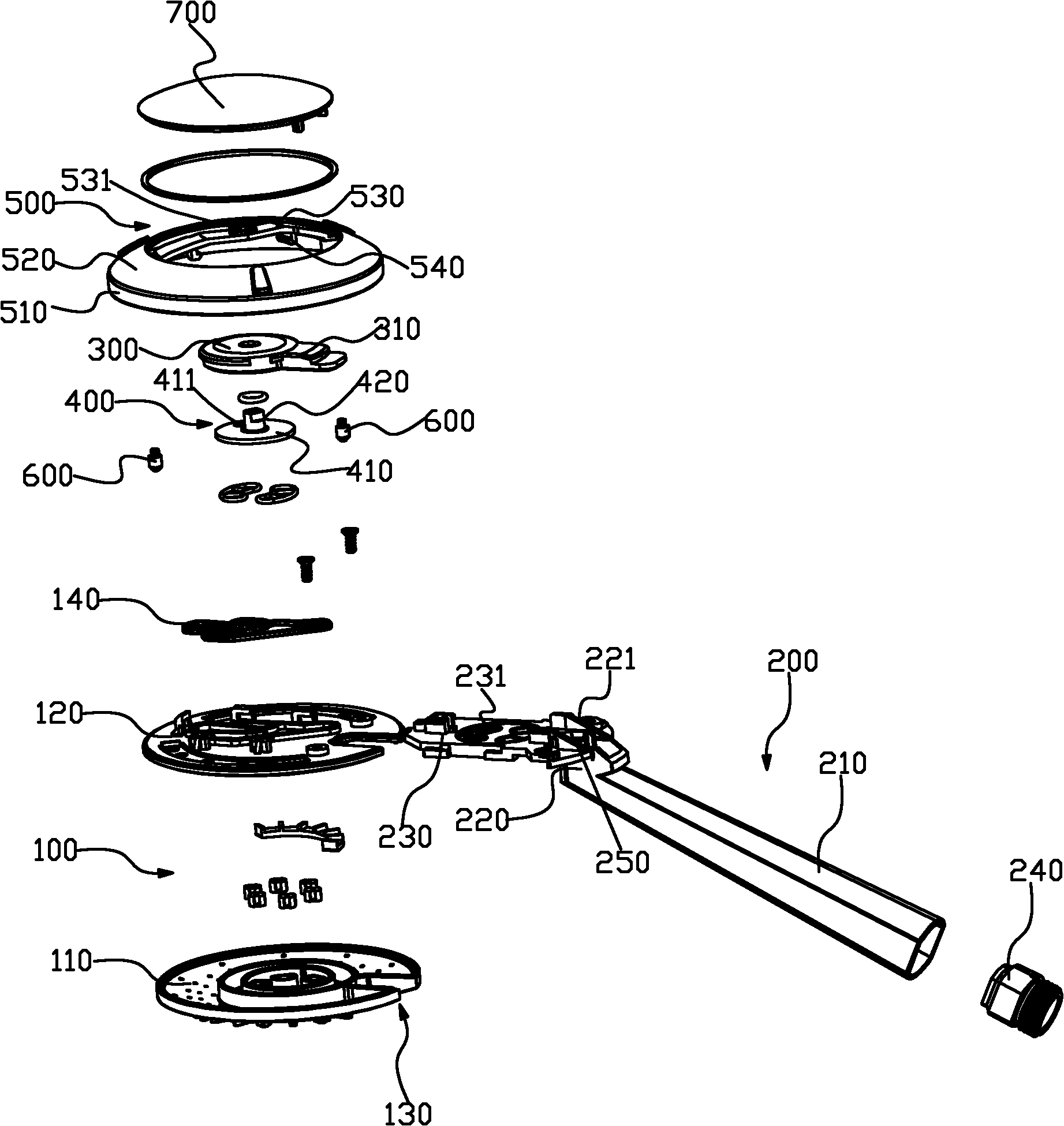 Handle shower head with bottom inlet water switched at back