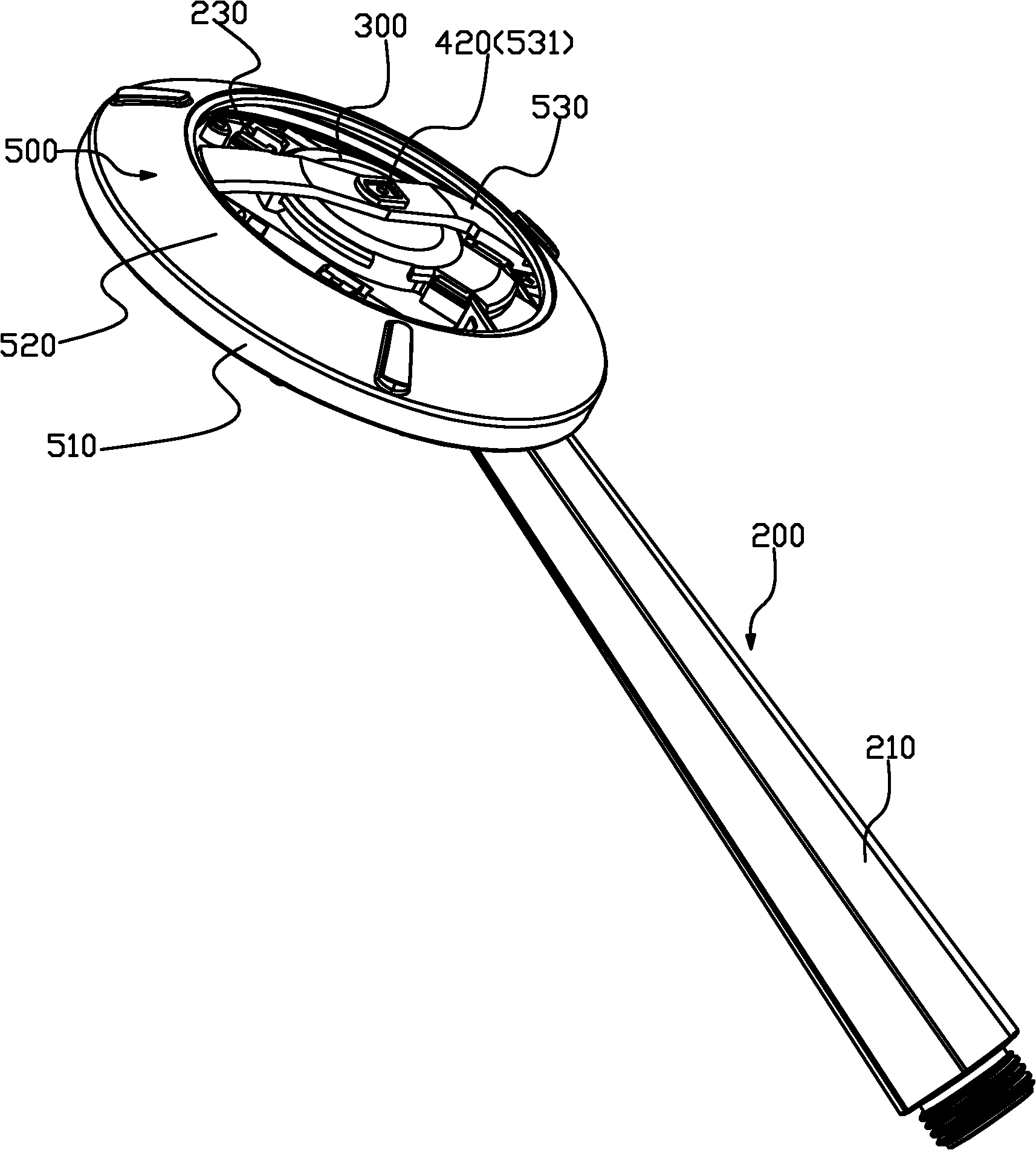 Handle shower head with bottom inlet water switched at back