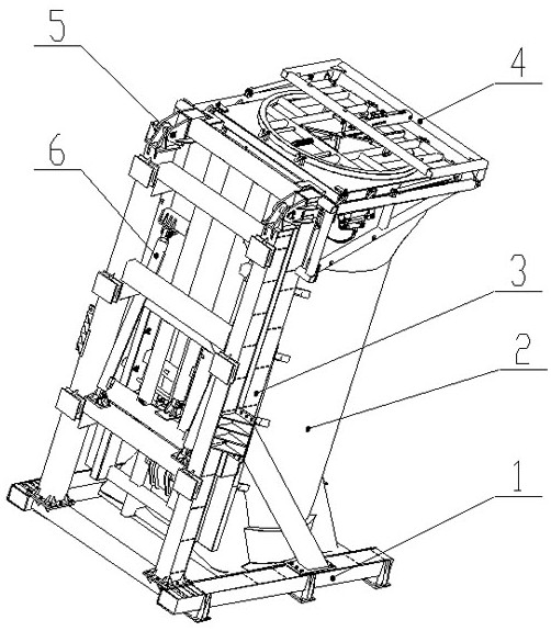 Box body positioning locking, overturning and door opening and closing mechanism for horizontal-in and horizontal-out vertical pressing station