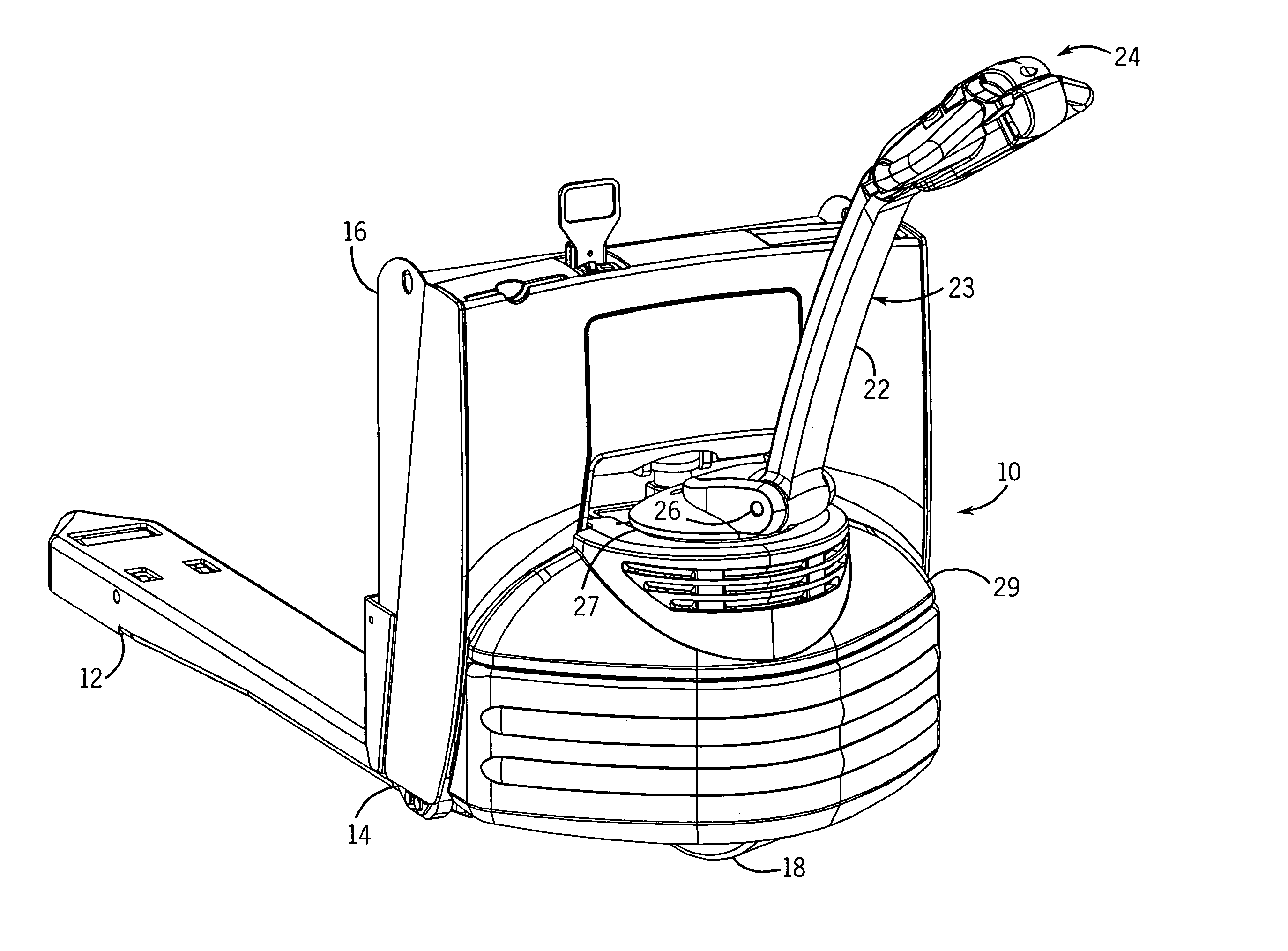 Pallet truck tiller arm with angle detector for speed select