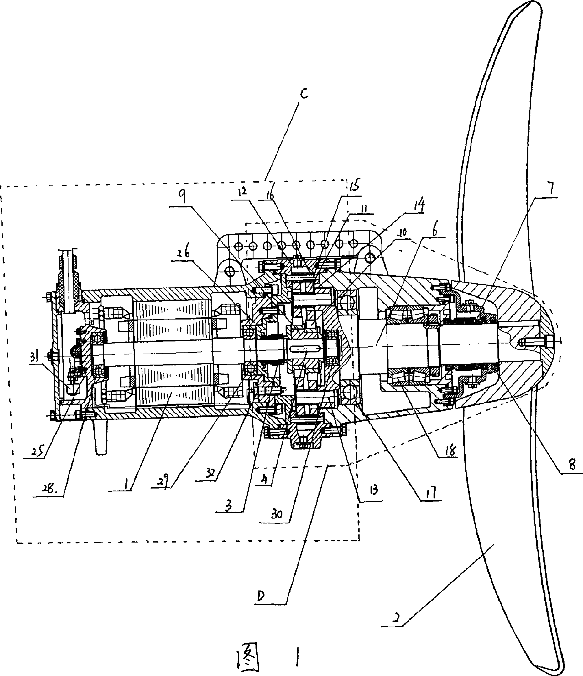 Motor peering type cycloid star wheel diving flow impeller