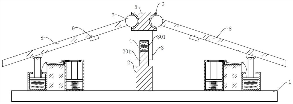 A building shock-absorbing roof structure