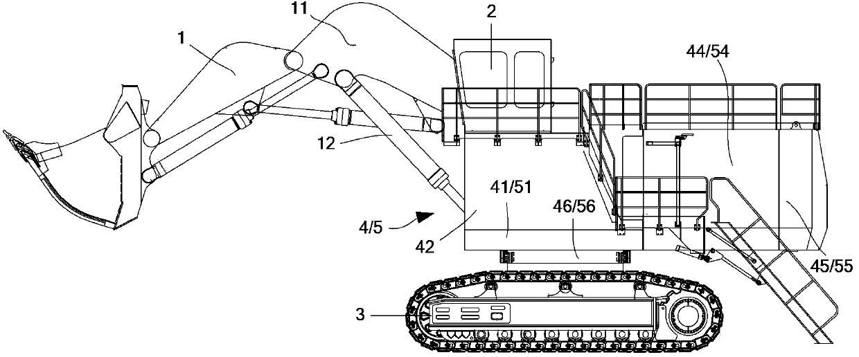 Platform on upper part of large mine hydraulic excavator