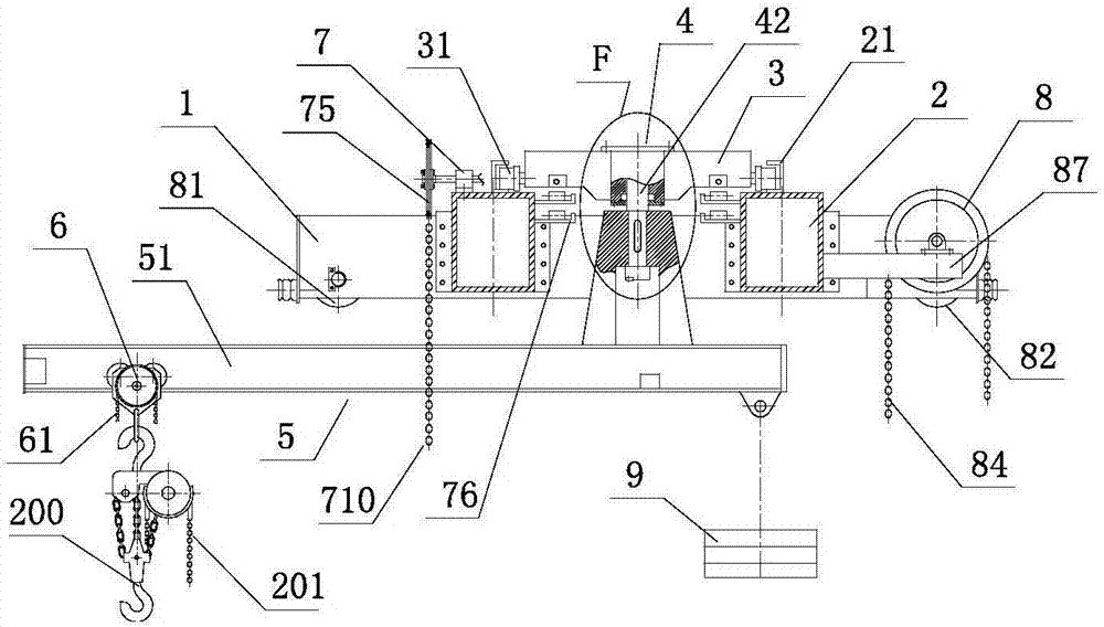 Dolly chain driven bridge cantilever crane with balancing counterweight