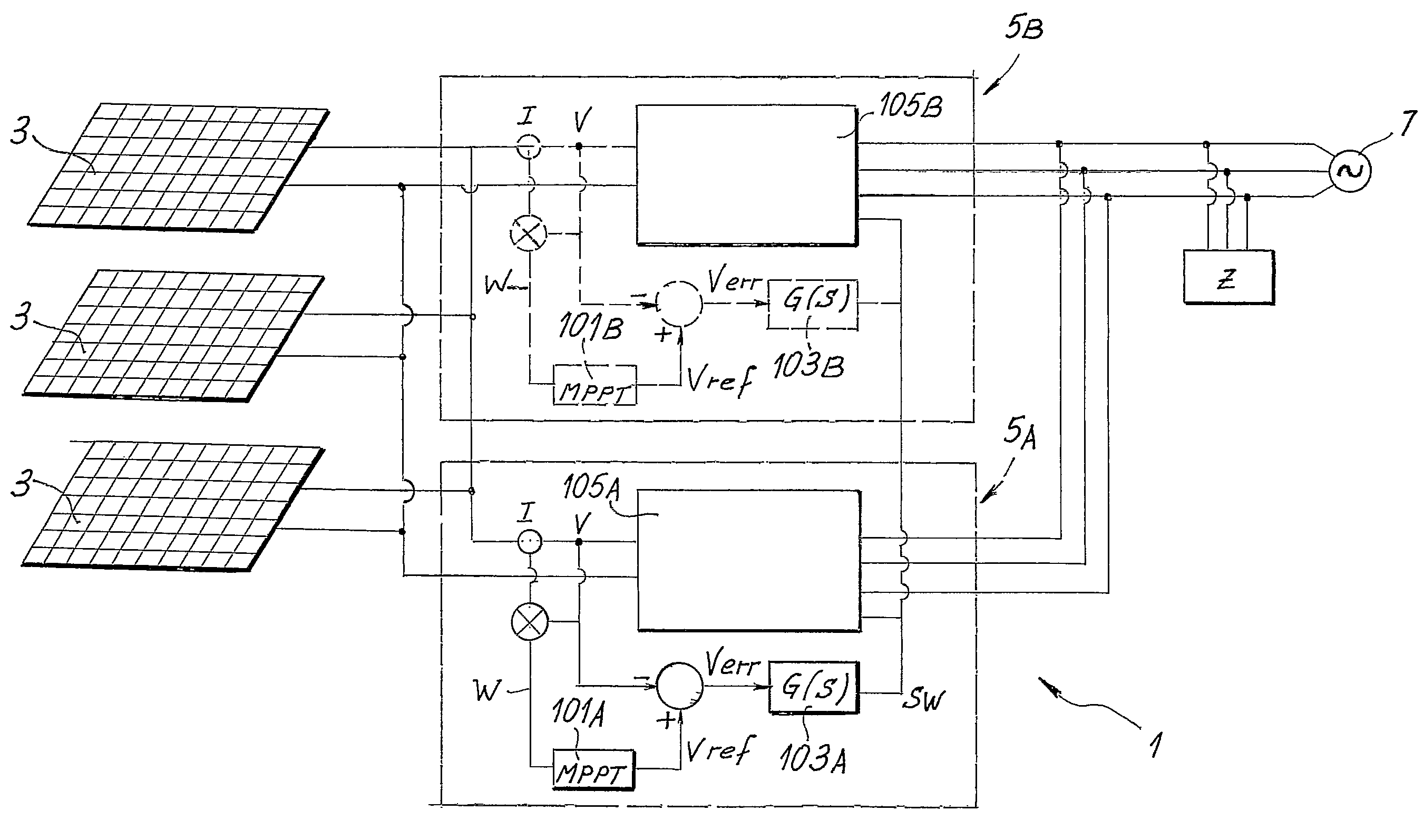 Delivery of electric power by means of a plurality of parallel inverters and control method based on maximum power point tracking