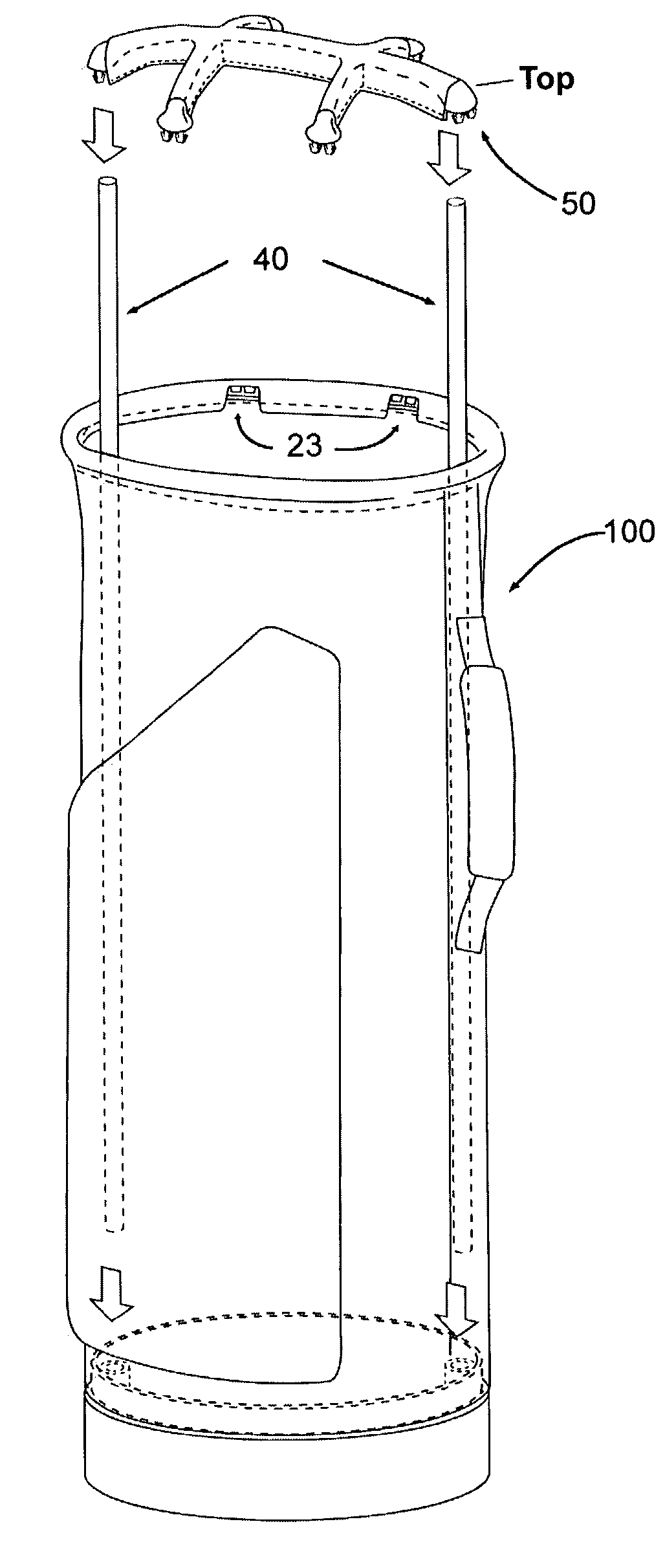 Golf bags in semi-knocked down kit forms, golf bags assembled from such kits and an improved method of assembling golf bags