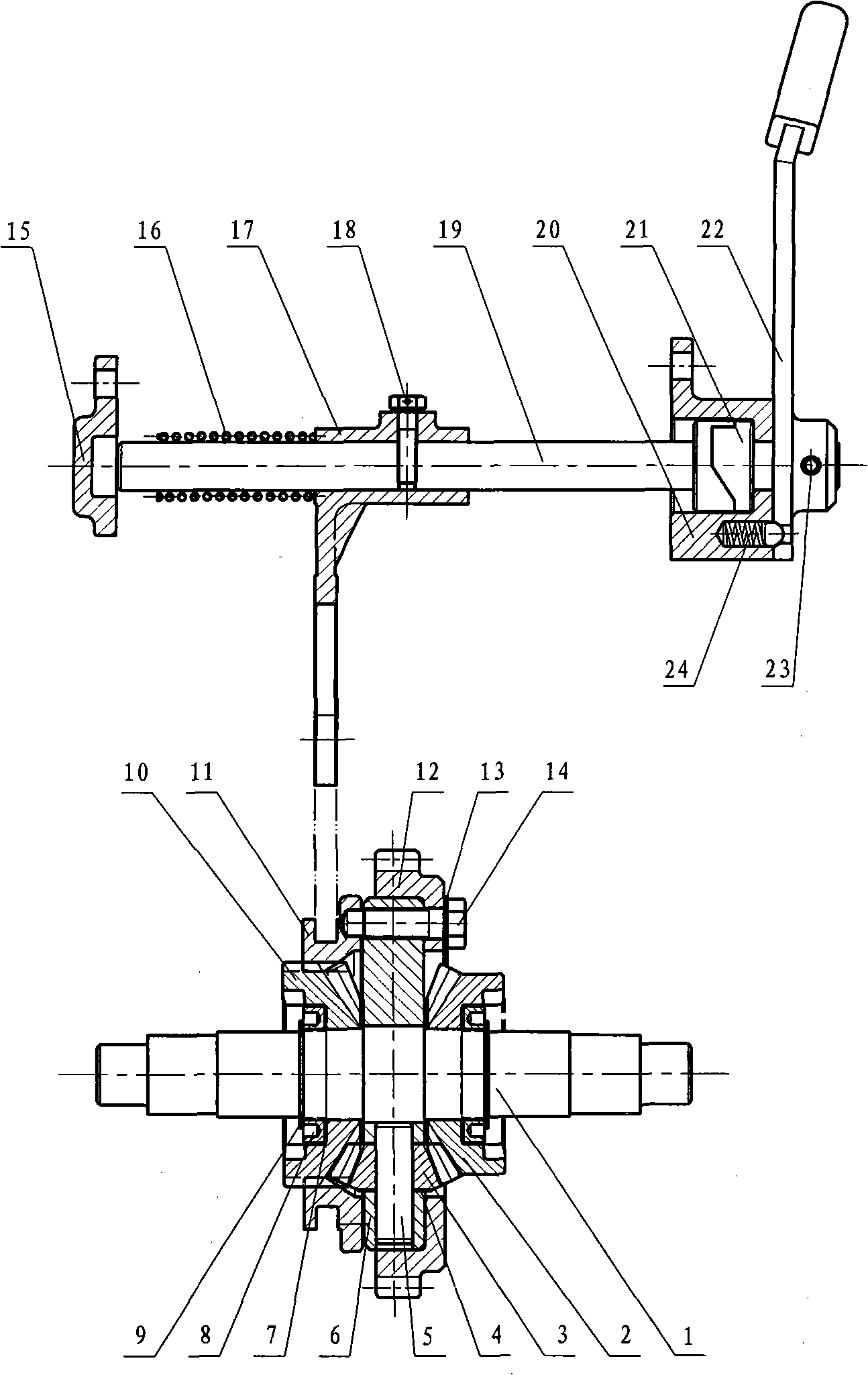 Lock ring type double-acting central transmission differential gear and differential lock operating device