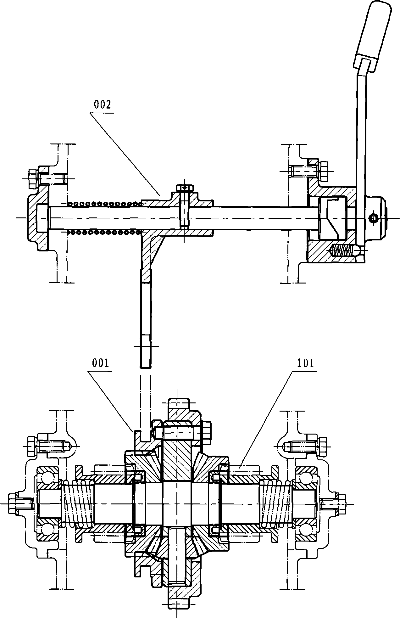 Lock ring type double-acting central transmission differential gear and differential lock operating device