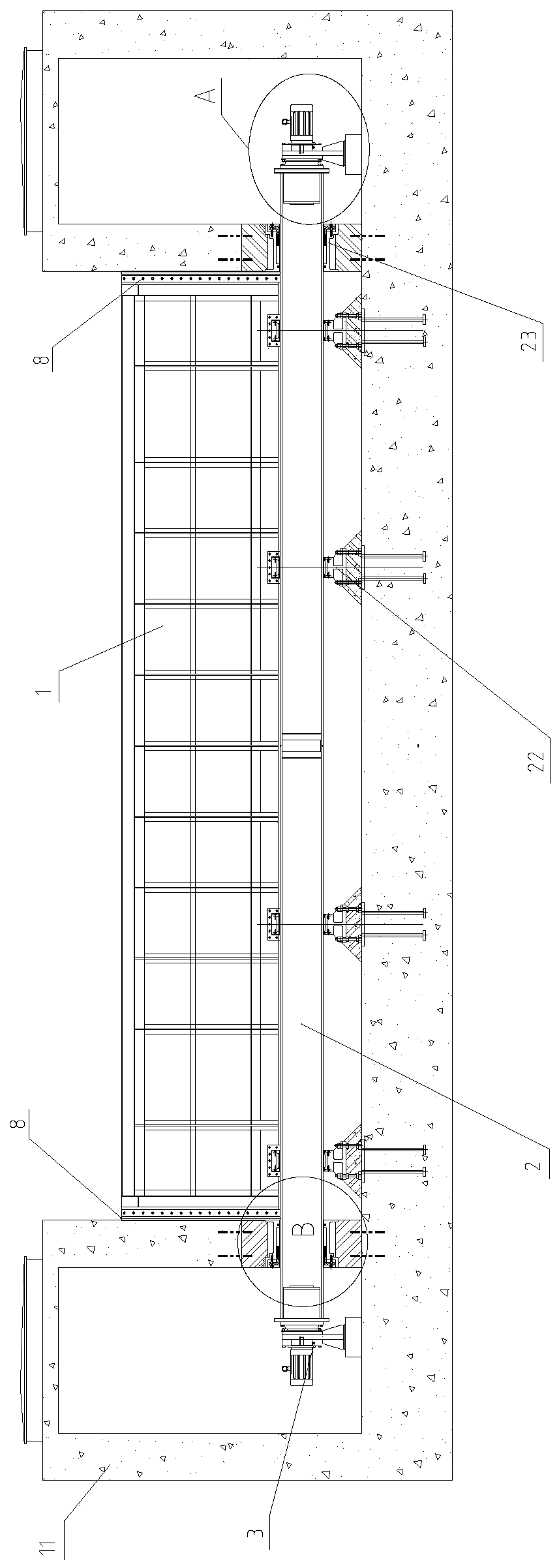 Steel dam gate opened and closed by direct connection type opening and closing machine