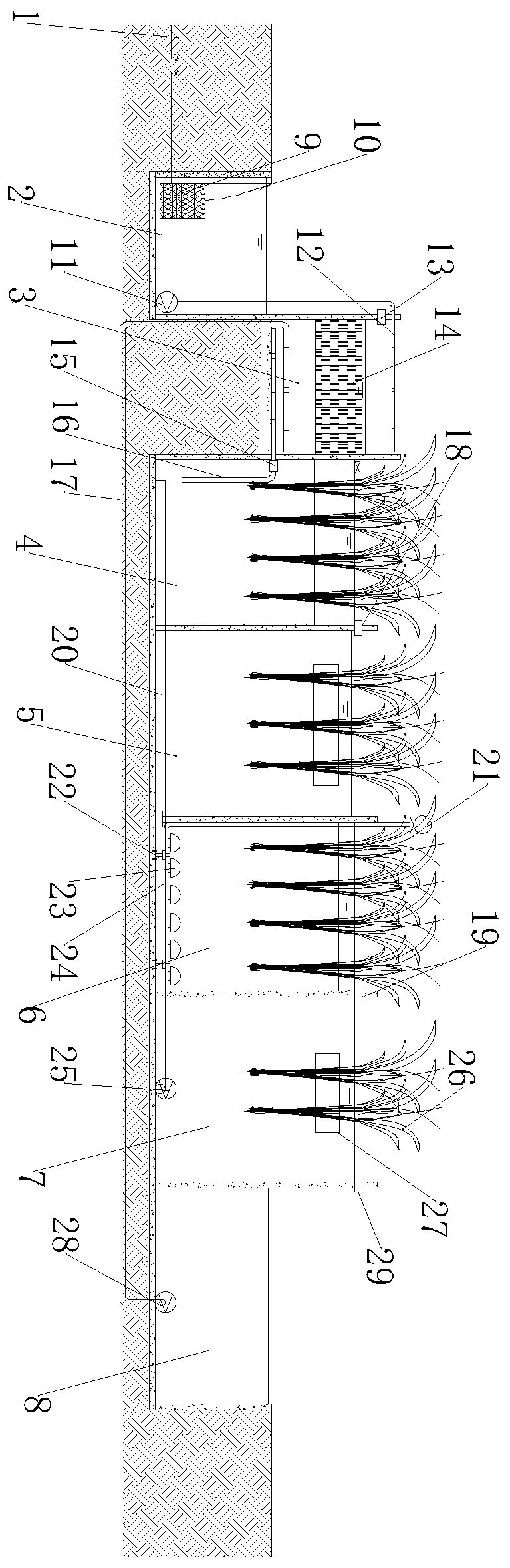 Half-burying biological and ecological treatment system for sanitary sewage