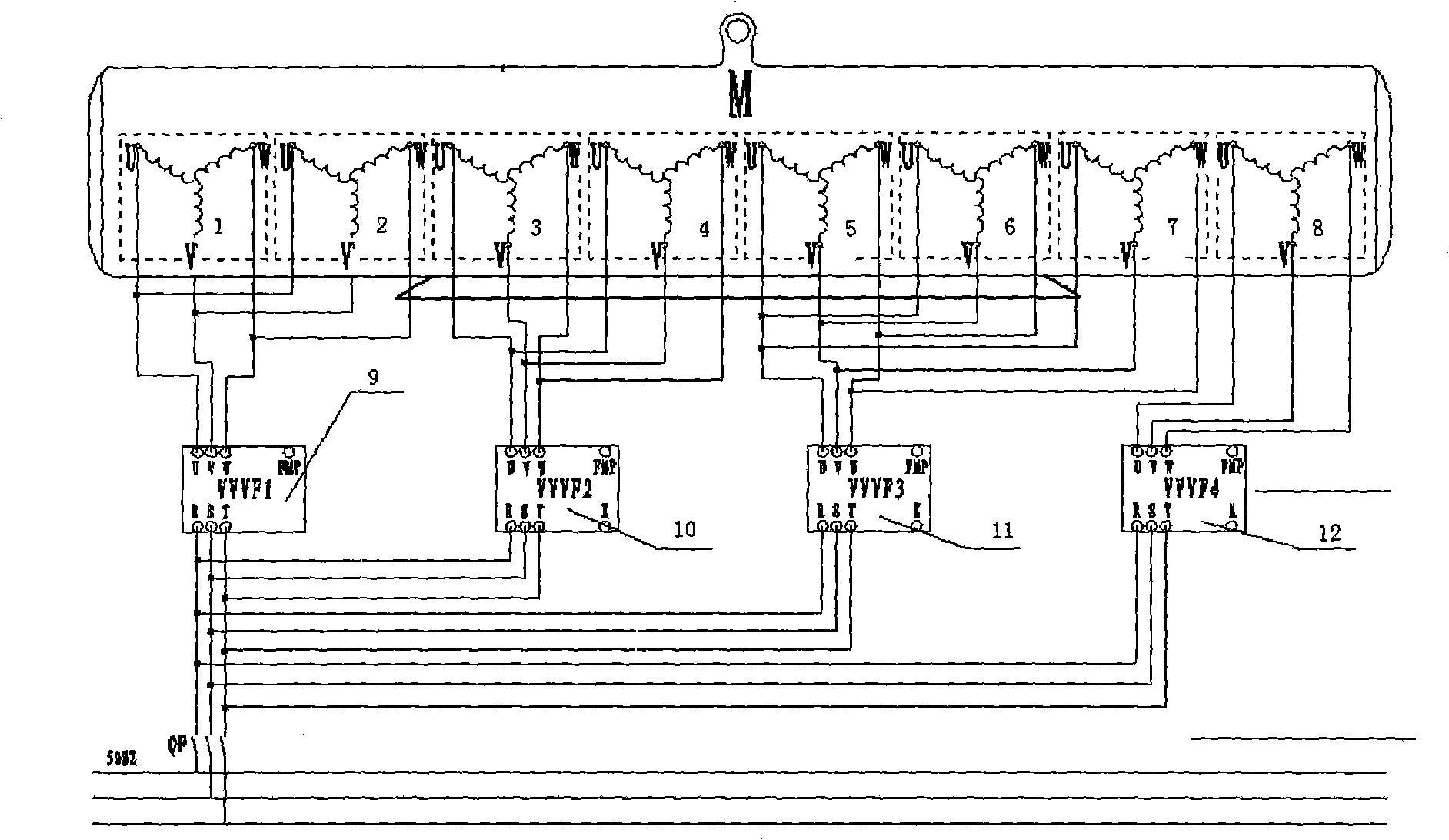 Multi-frequency converter speed-adjusting system for low-voltage high-power multi-branch AC motor