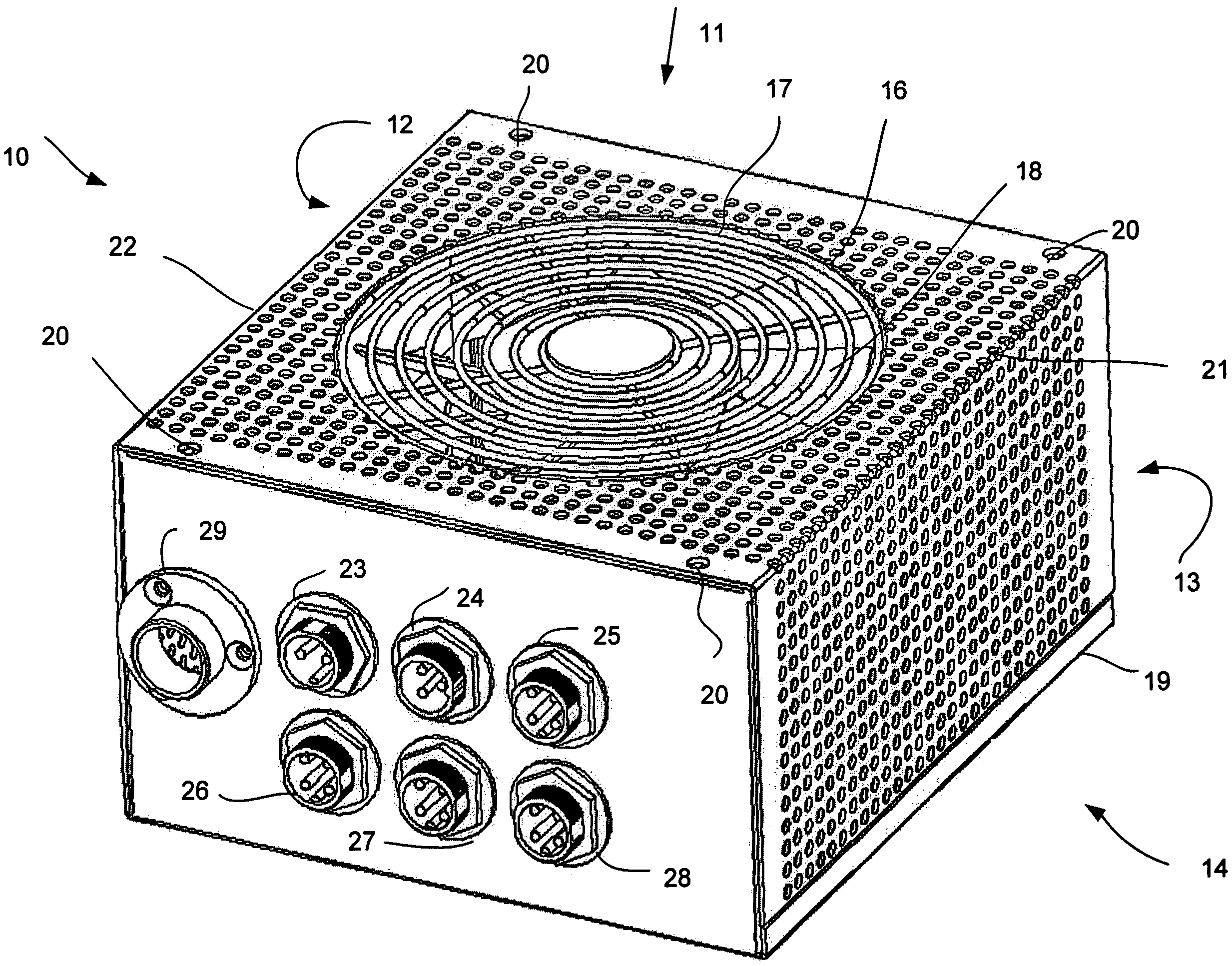 Power supply unit with perforated housing