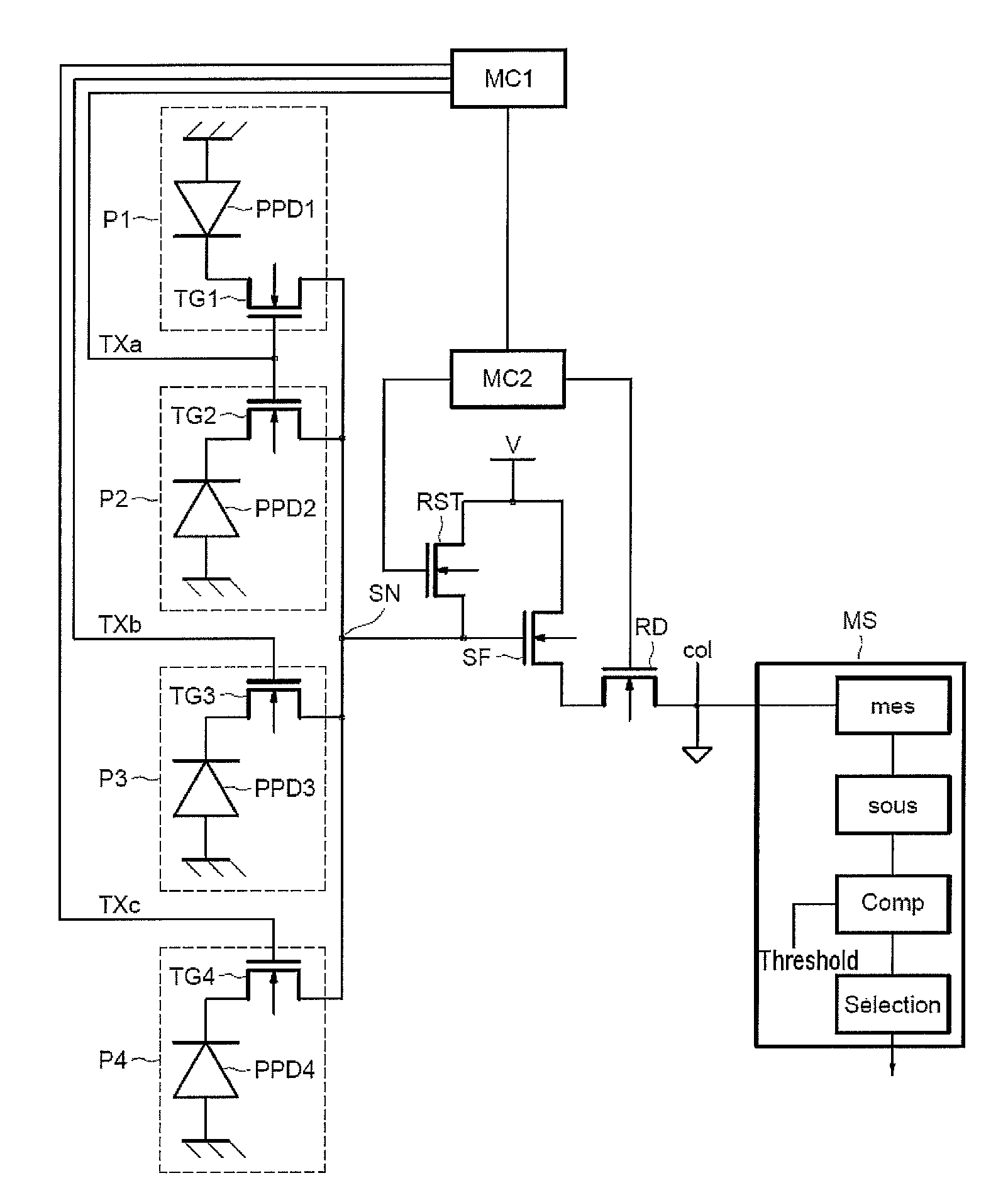 Matrix imaging device comprising at least one set of photosites with multiple integration times