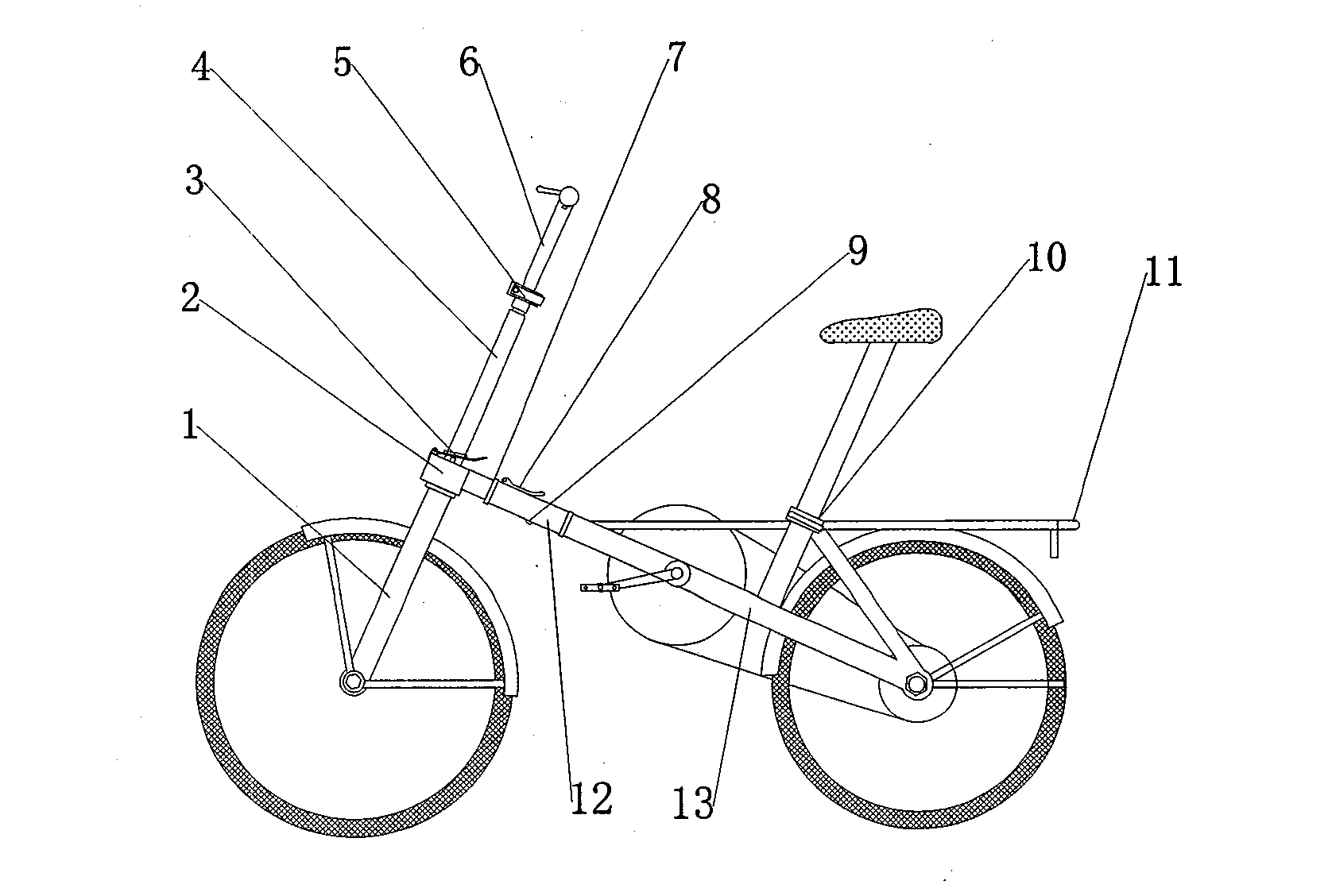 Folded portable conveniently-stored self-locking bicycle