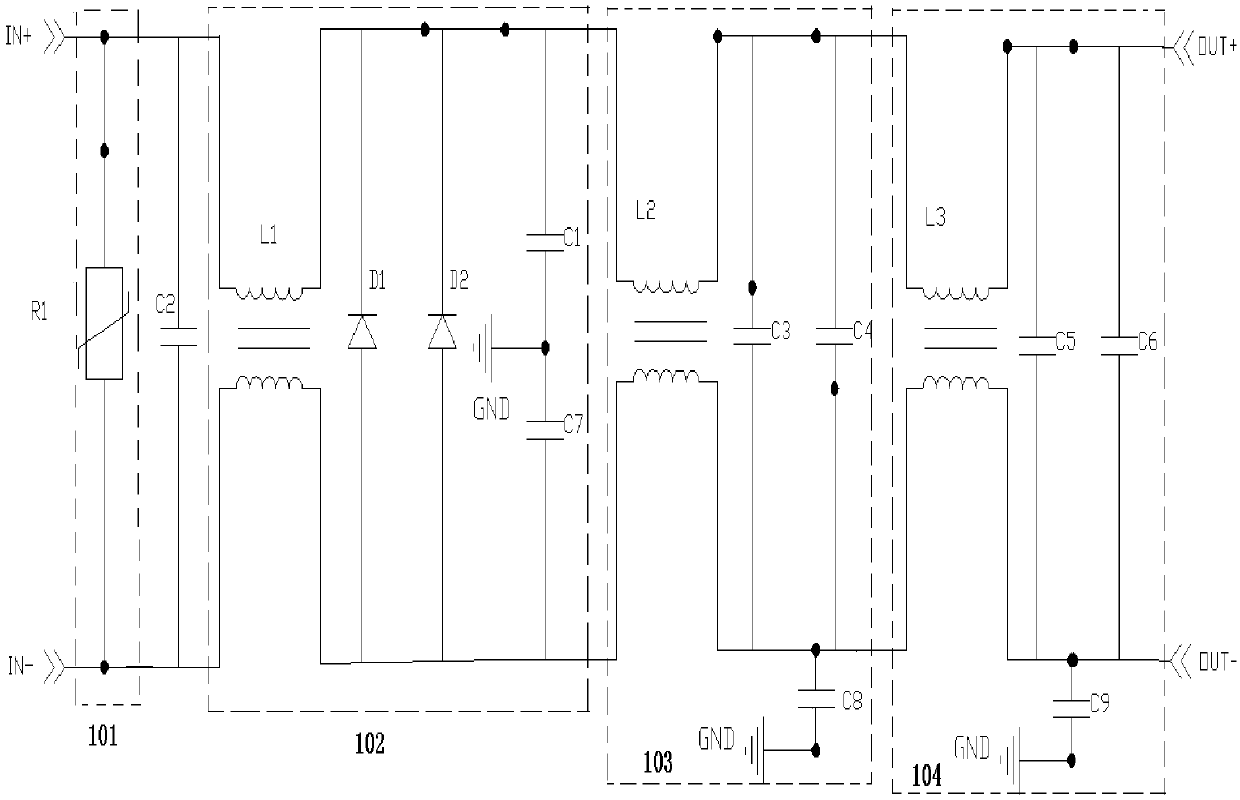 Composite broadband filter circuit with anti-surge voltage