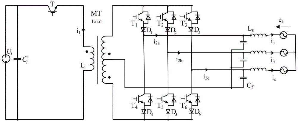 Single-stage boosting three-phase flyback inverter for solar energy grid-connected power generation