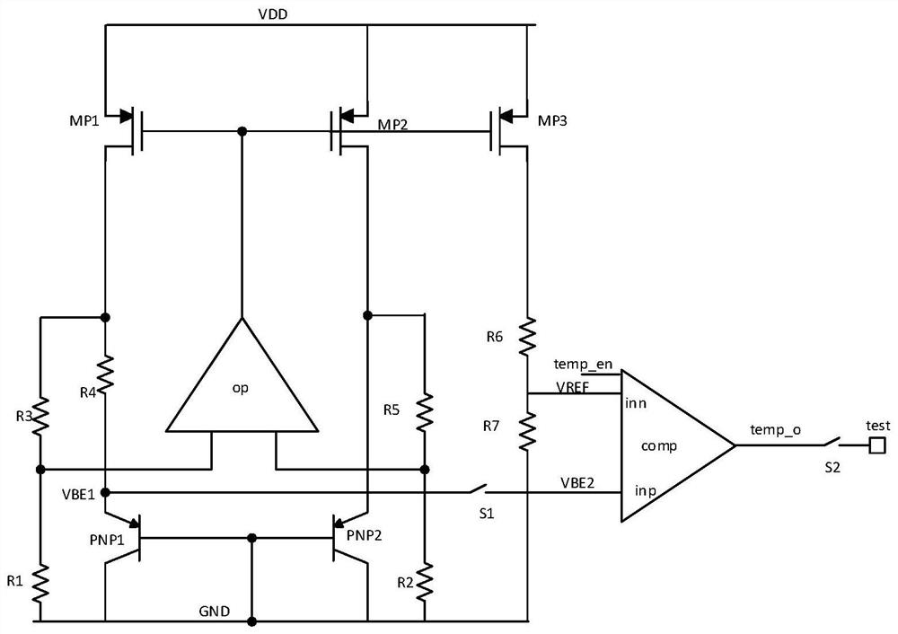 A circuit and device for detecting the junction temperature of a reference voltage bjt tube