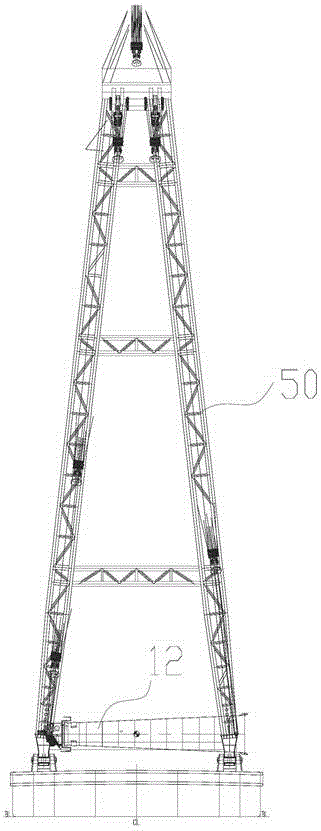 Upper upright column turnover device and method for marine crane