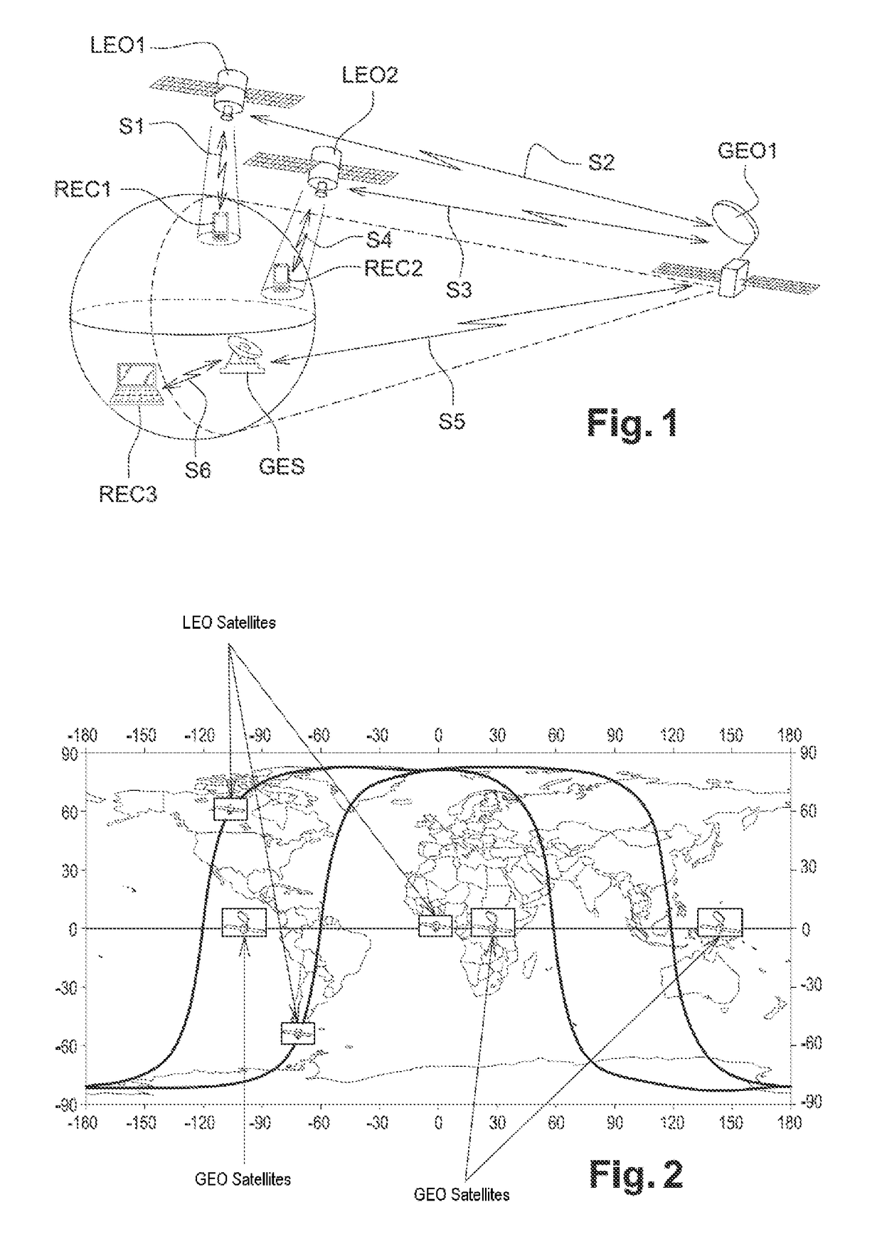 Satellite communication system, LEO satellite relaying communications between a GEO satellite and terrestrial stations, the uplinks and downlinks using the same frequency band and time-division multiplexing