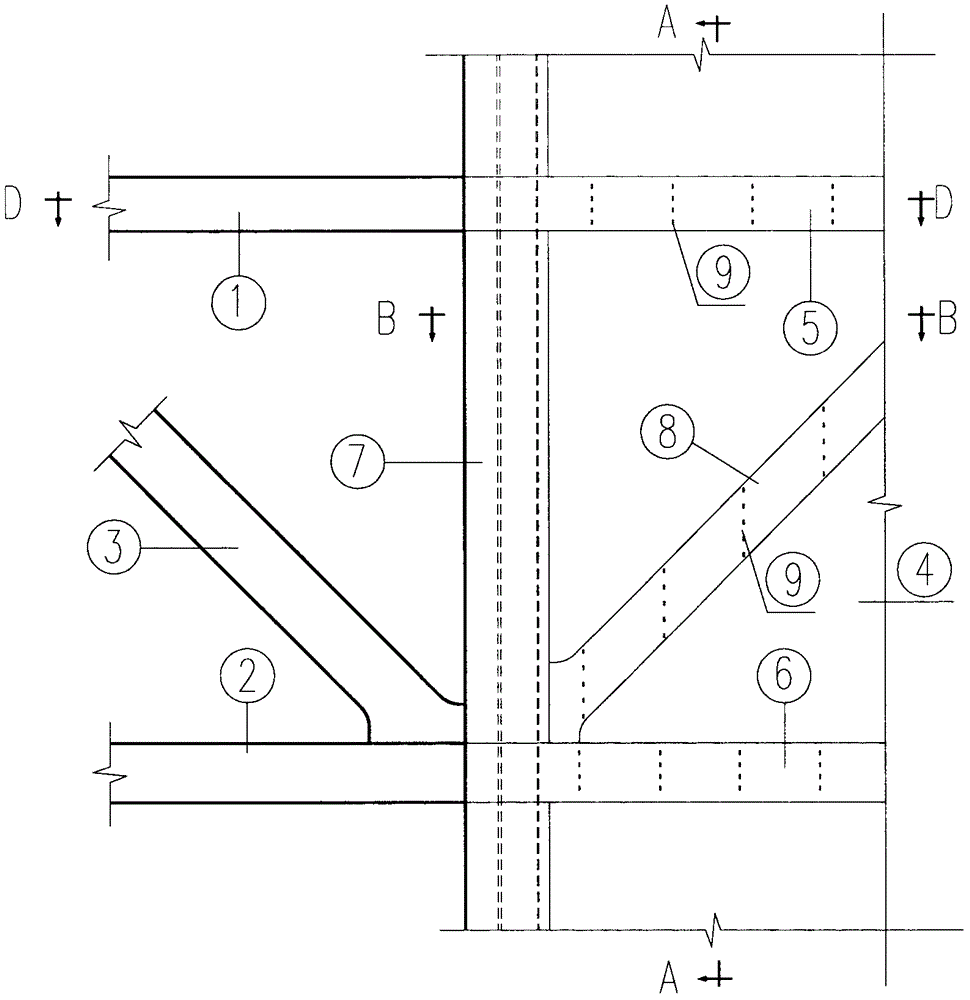 A connection node between an outrigger truss member and a core tube